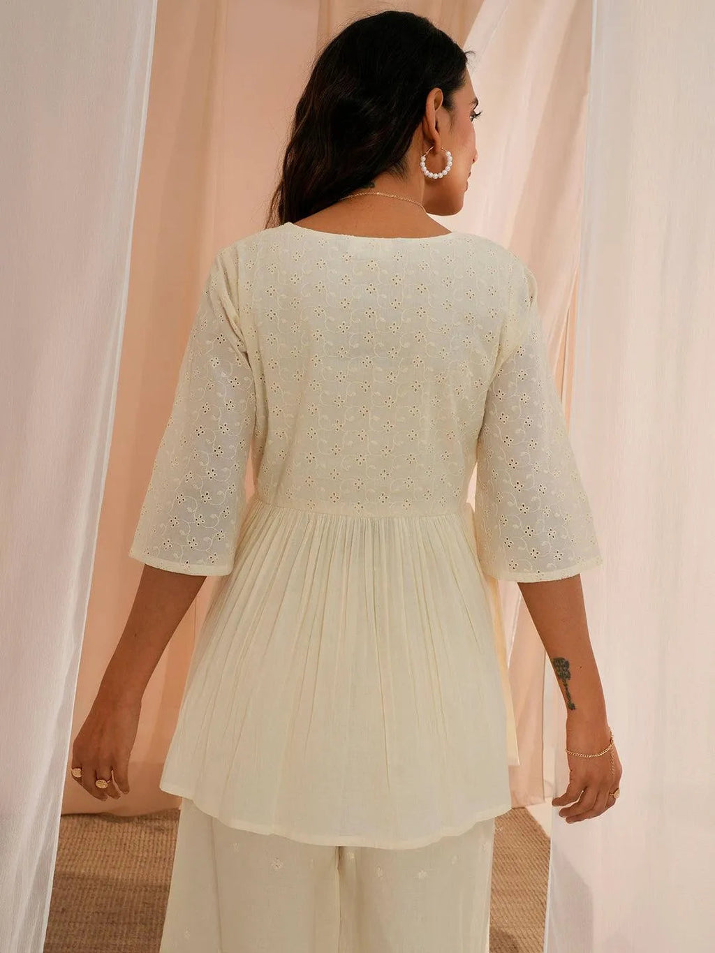 Off White Embroidered Cotton A-Line Kurti - Libas