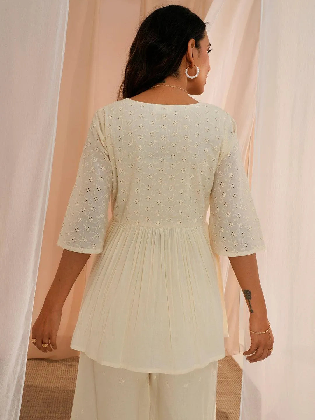 Off White Embroidered Cotton A-Line Kurti - Libas