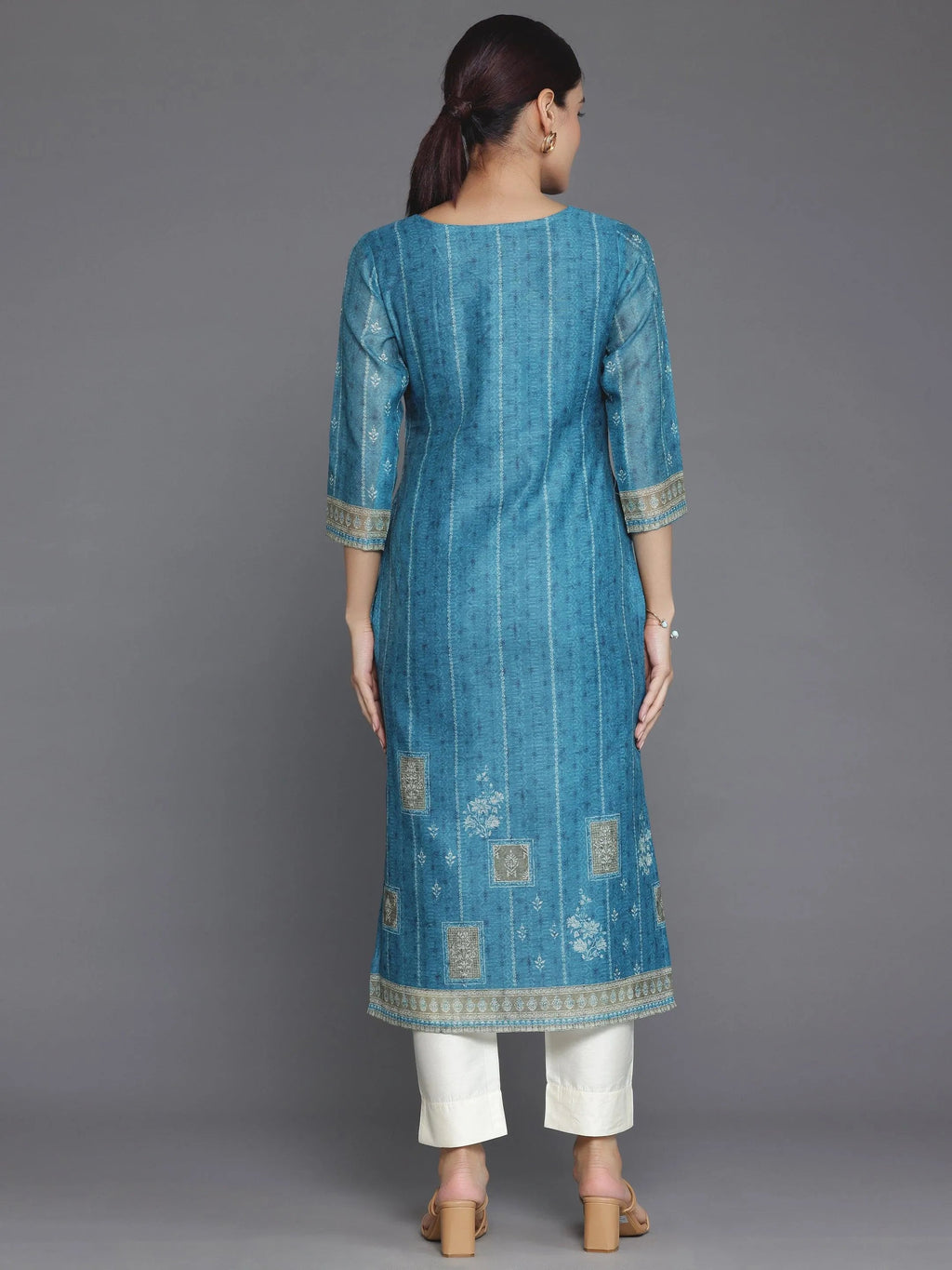 Blue Embellished Chanderi Silk Straight Kurta