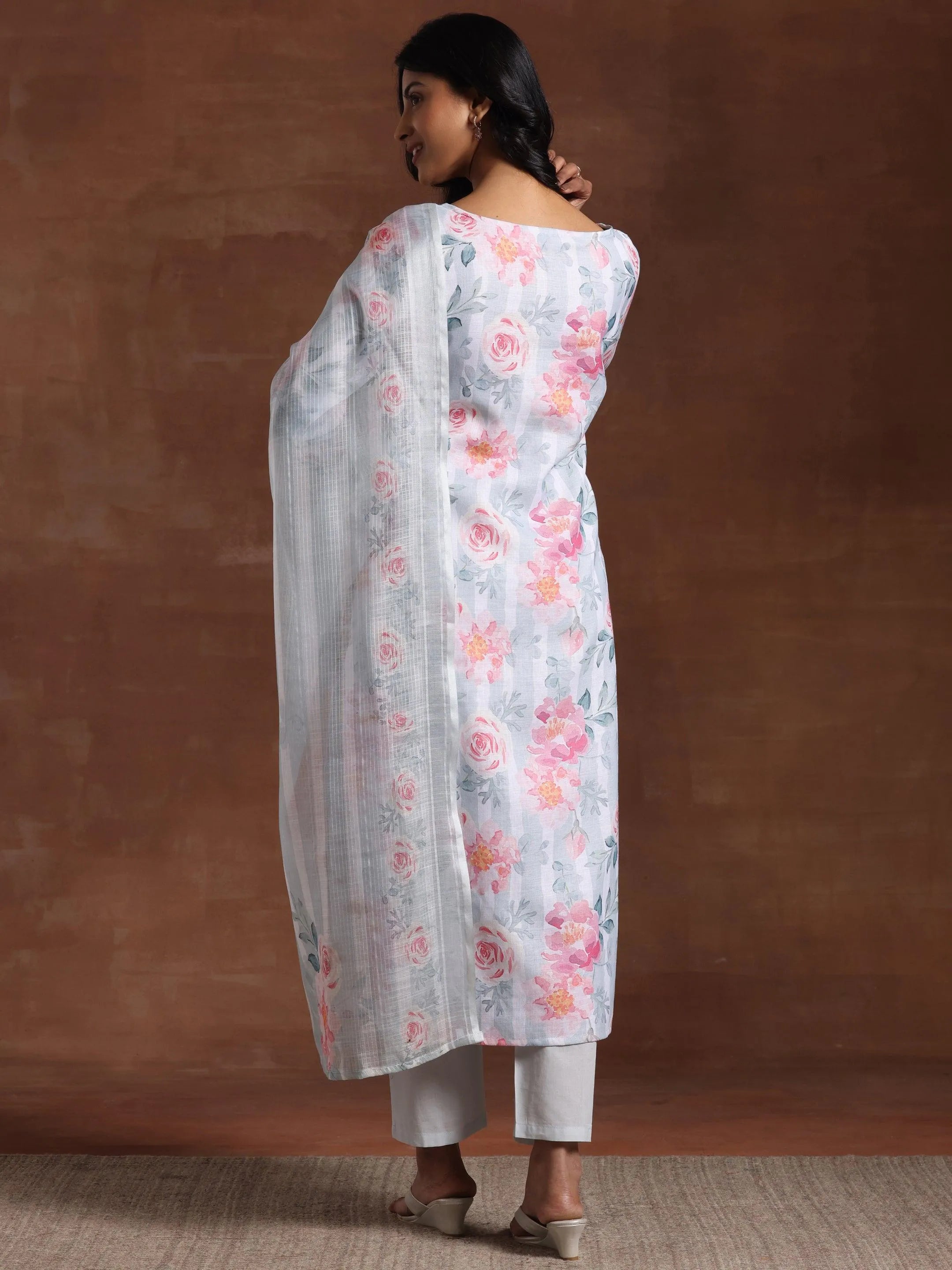 Grey Printed Cotton Blend Straight Suit With Dupatta