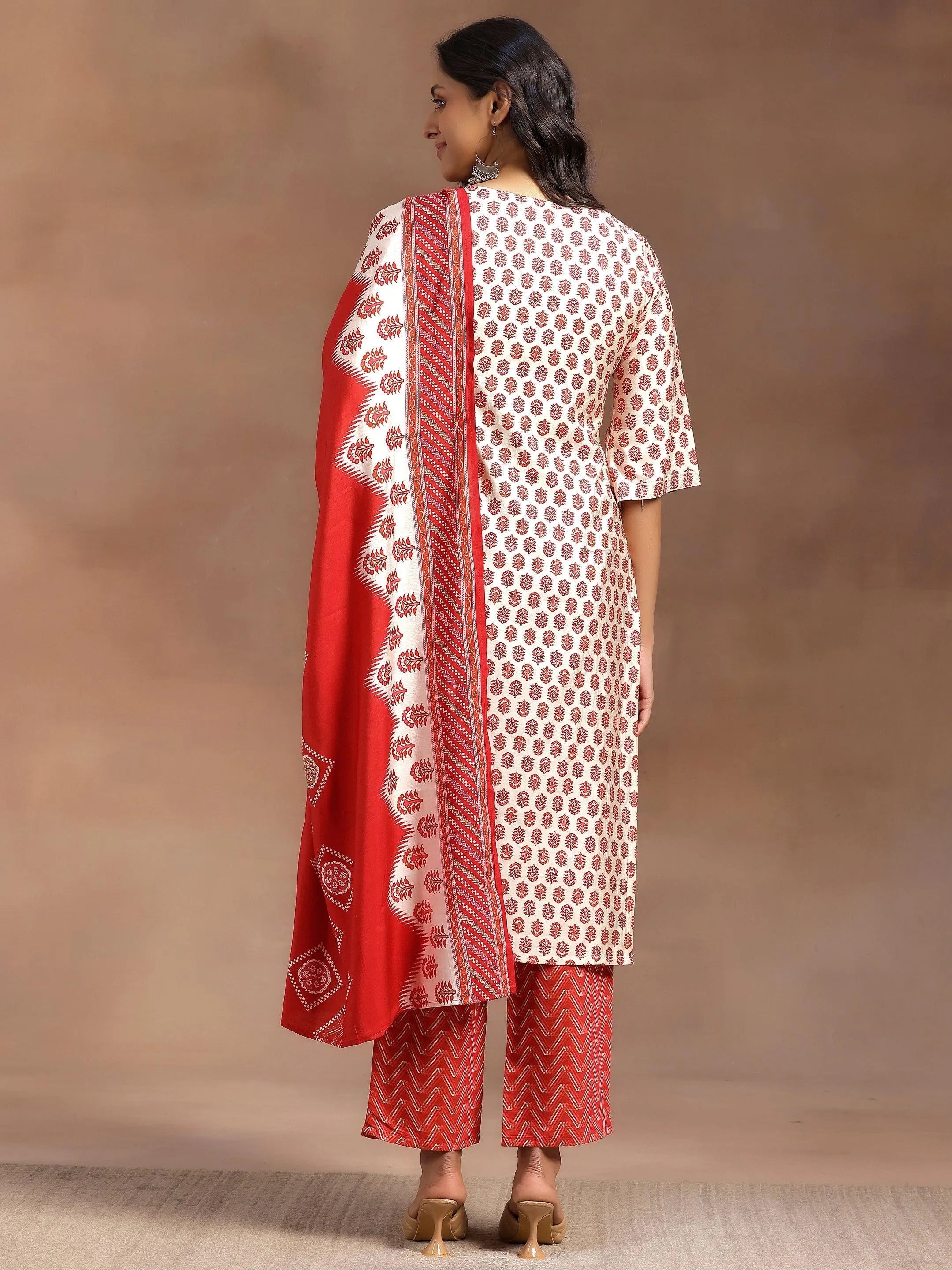 Beige Printed Silk Blend Straight Suit With Dupatta