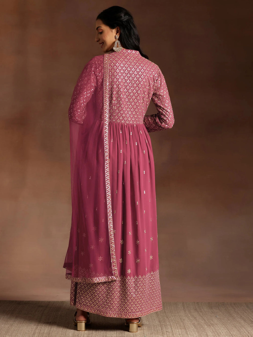 Libas Art Chandni Mauve Embroidered Georgette A-Line Kurta With Trousers & Dupatta