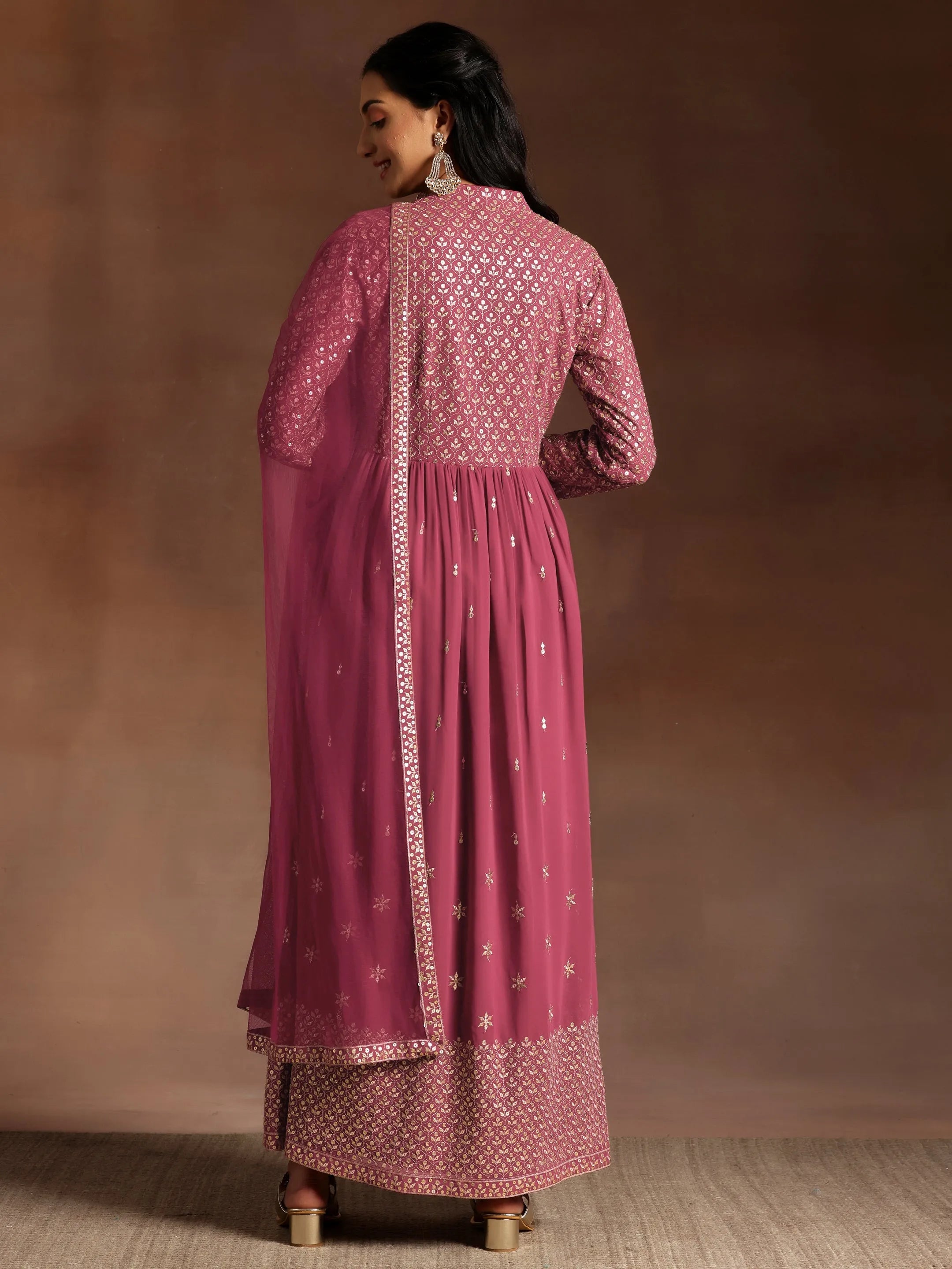 Libas Art Chandni Mauve Embroidered Georgette A-Line Kurta With Trousers & Dupatta