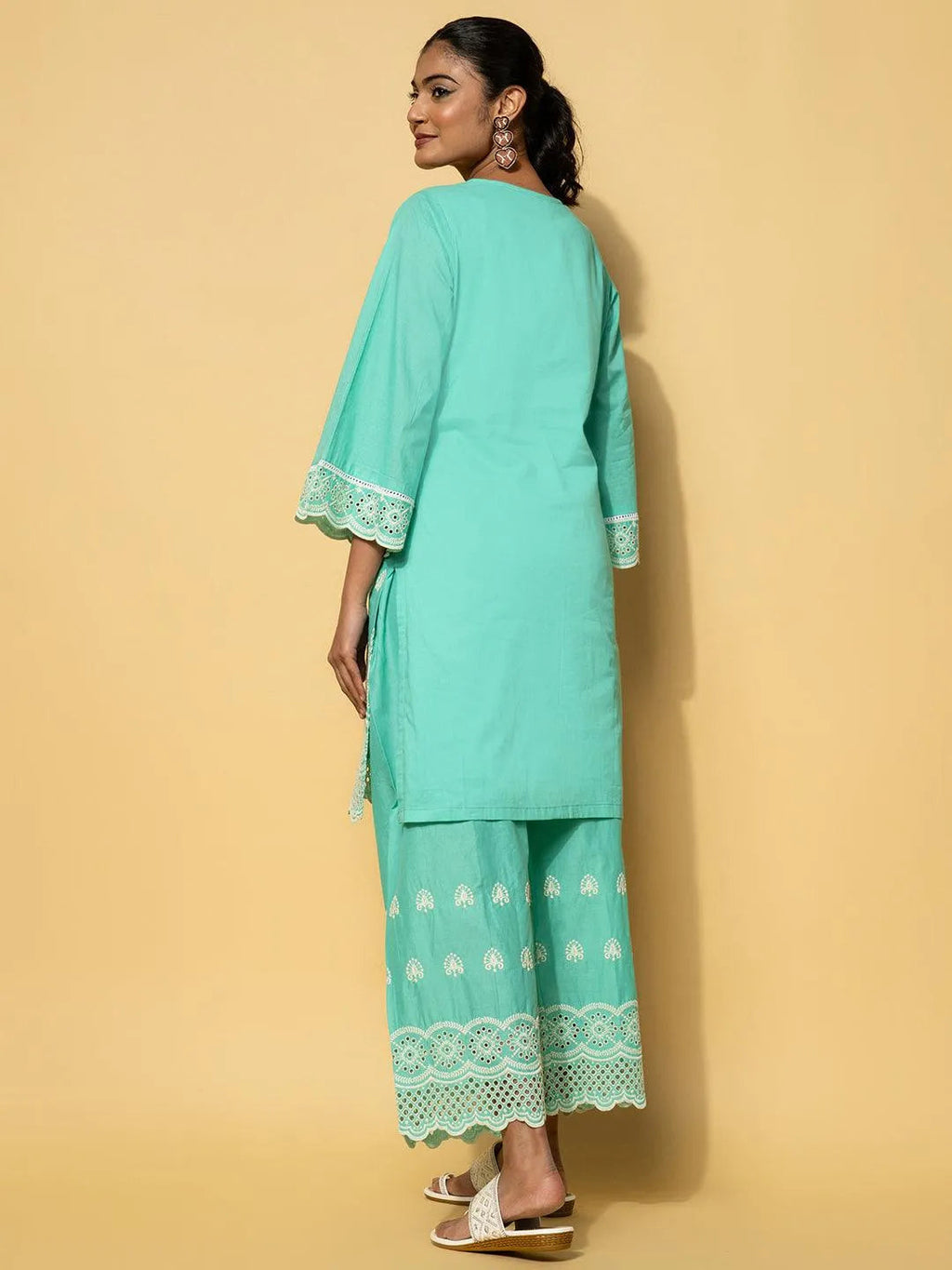 Green Embroidered Cotton Co-Ords