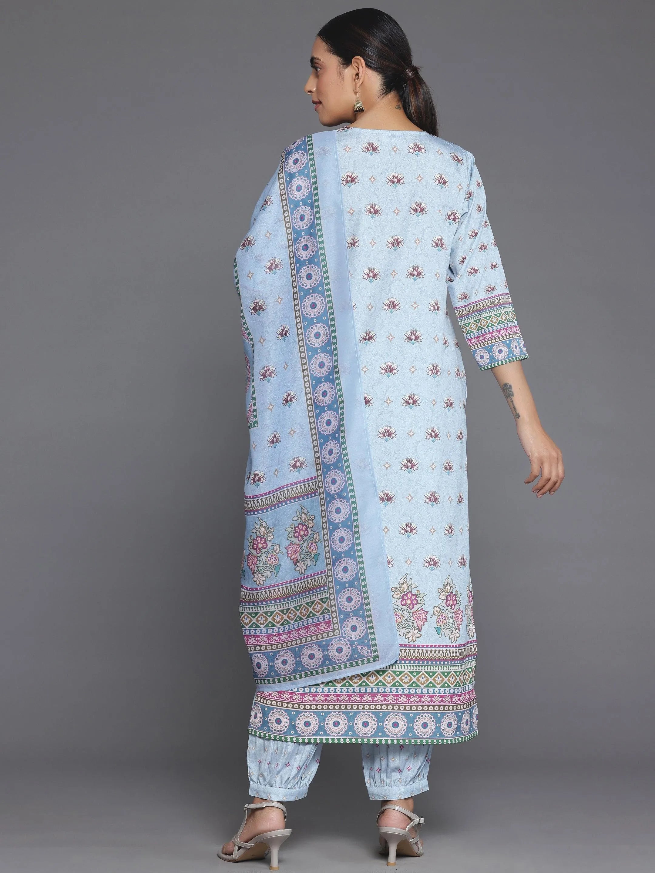 Blue Printed Poly Crepe Straight Suit With Dupatta