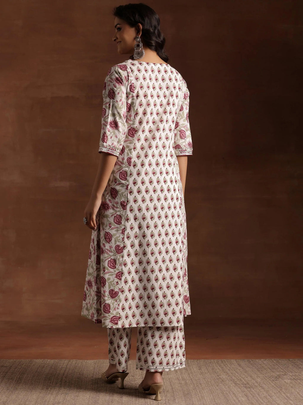 Off white Printed Cotton A-Line Kurta With Palazzos