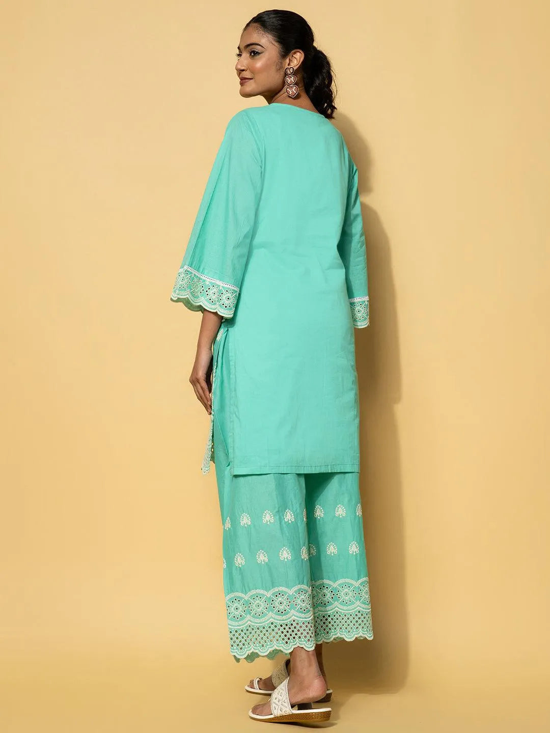 Green Embroidered Cotton Co-Ords