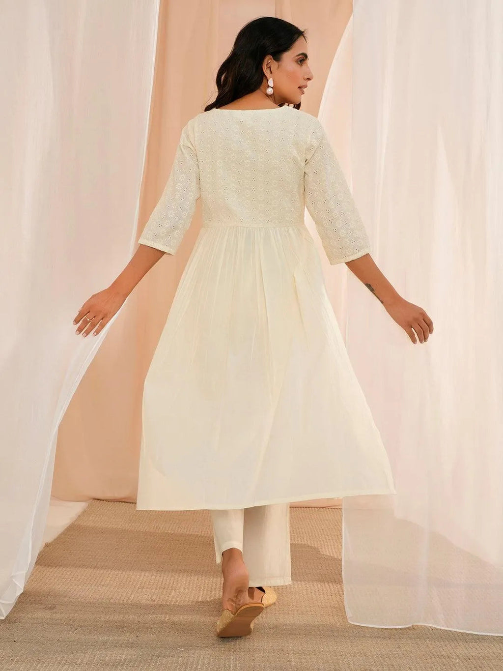 Off White Embroidered Cotton Straight Kurta Set