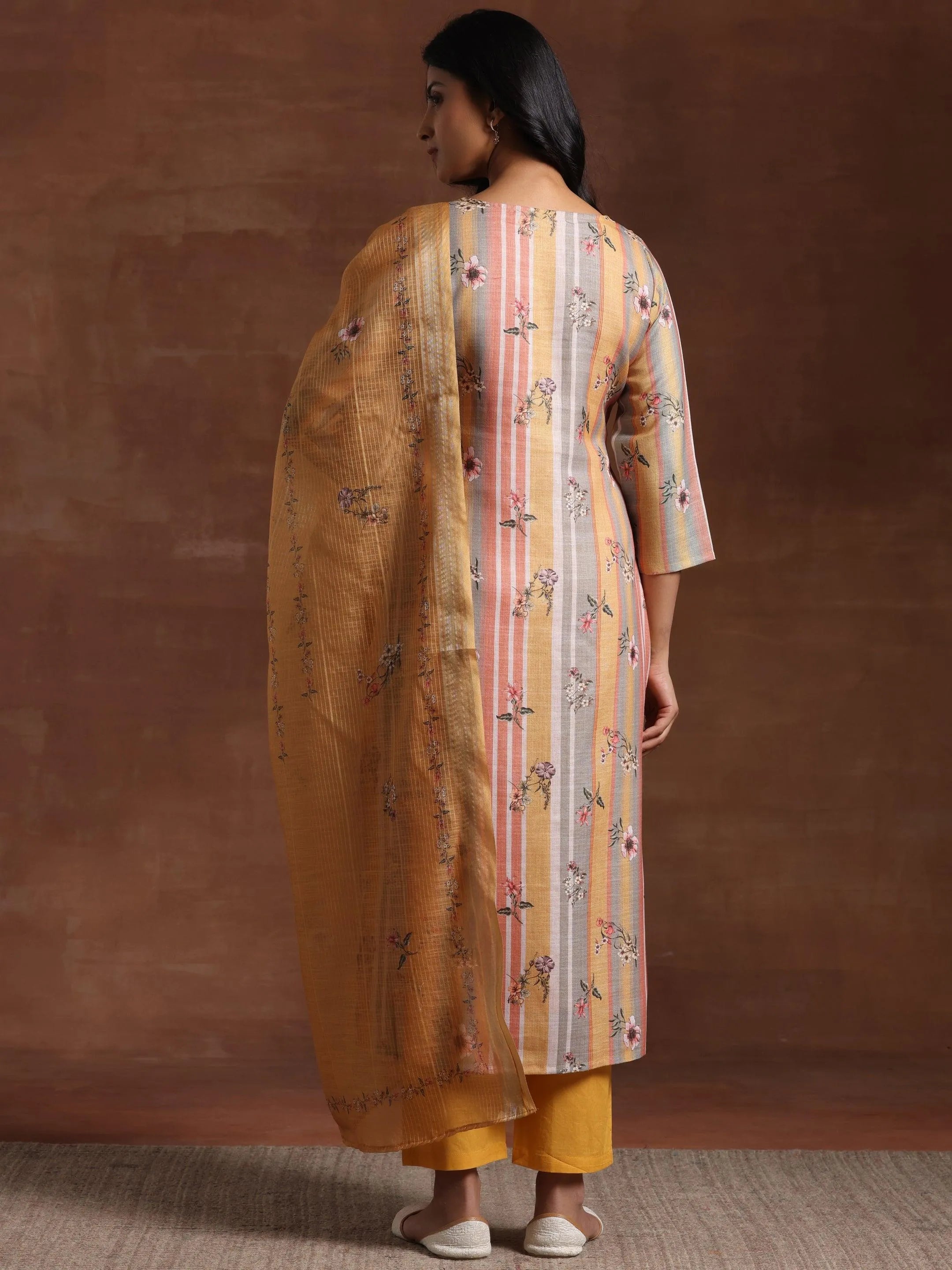 Mustard Striped Cotton Straight Suit With Dupatta