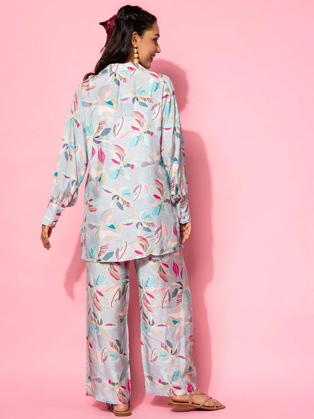 Grey Printed Silk Blend Co-Ords