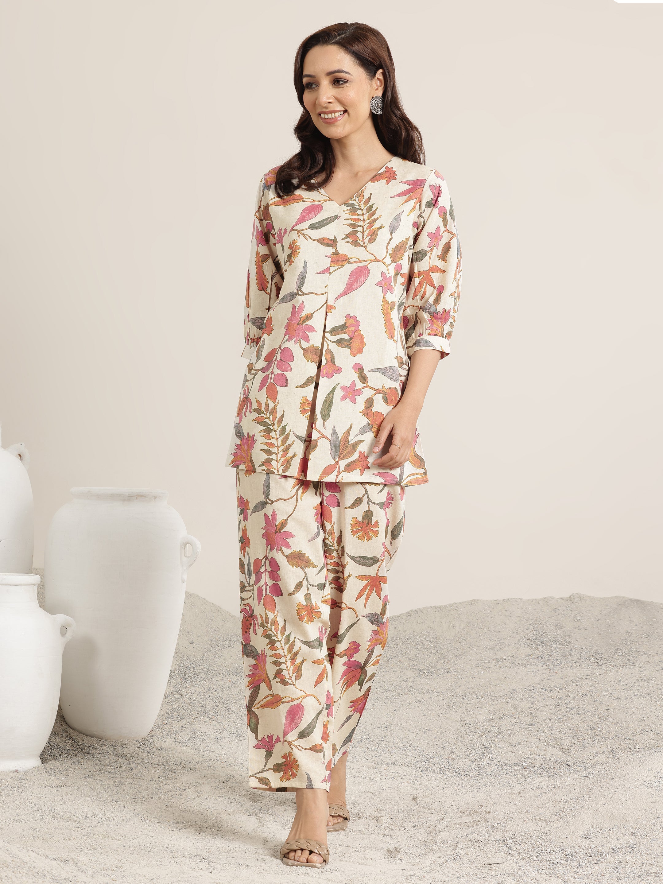 Off White Printed Cotton Co-Ord Sets