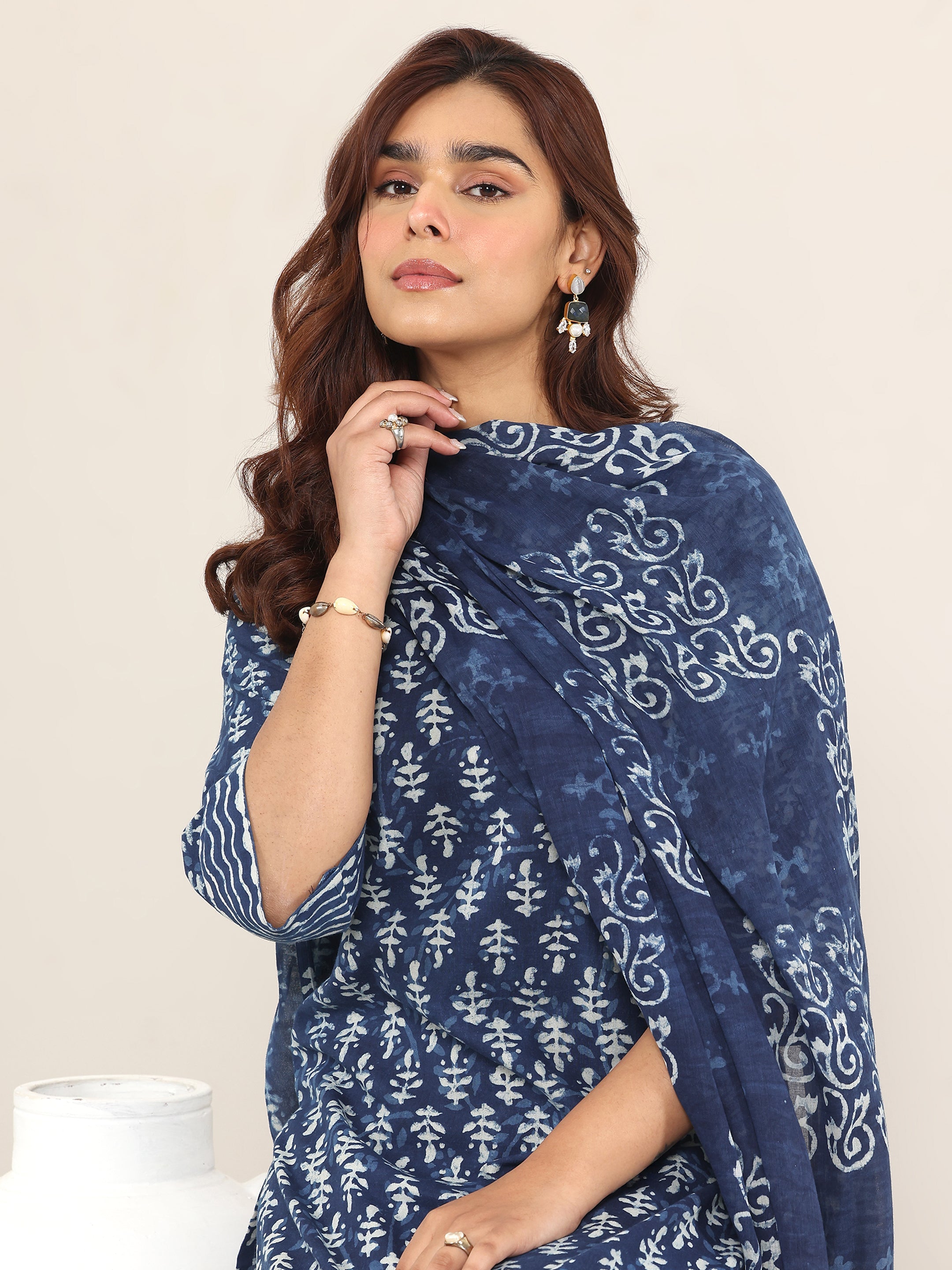 Indigo Printed Cotton Straight Suit With Dupatta
