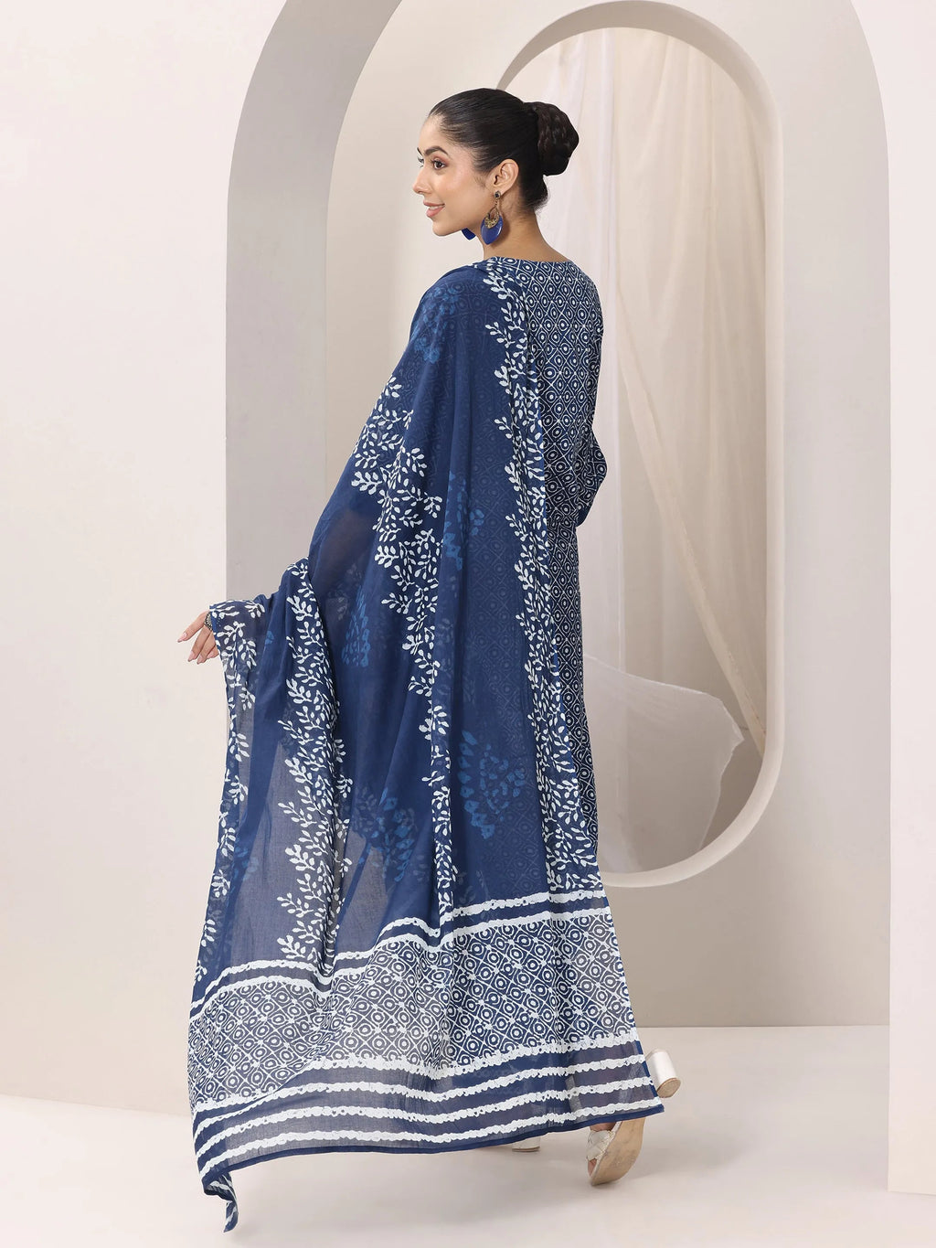 Indigo Printed Cotton Straight Suit Set With Dupatta