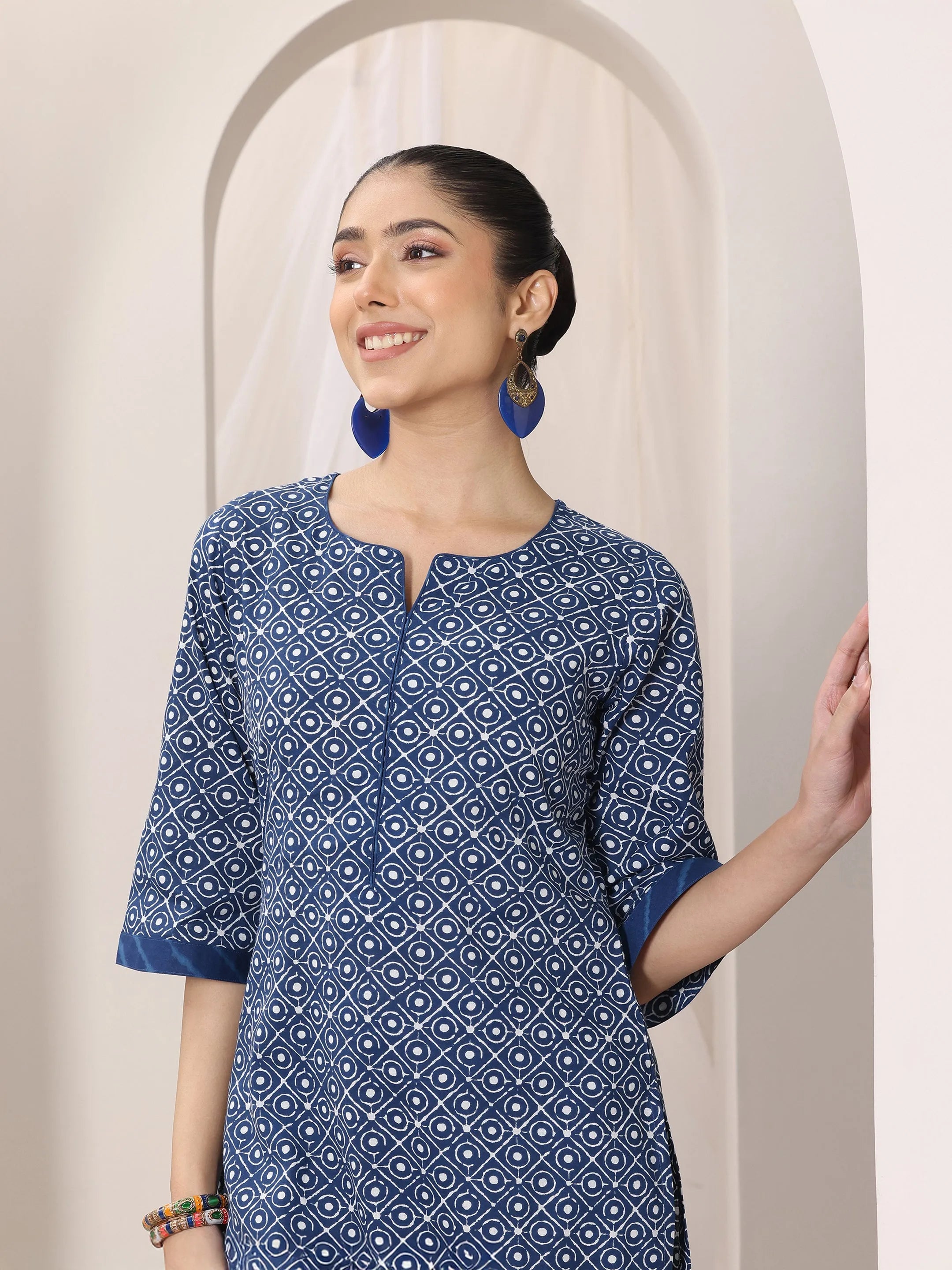 Indigo Printed Cotton Straight Suit Set With Dupatta
