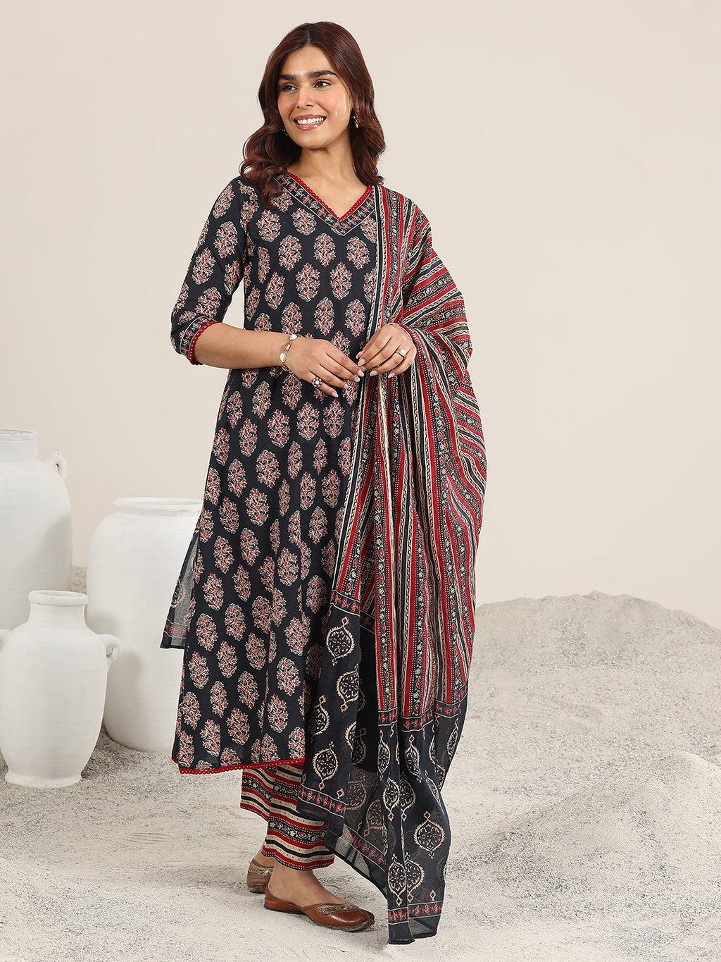 Navy Blue Printed Cotton A-Line Suit With Dupatta