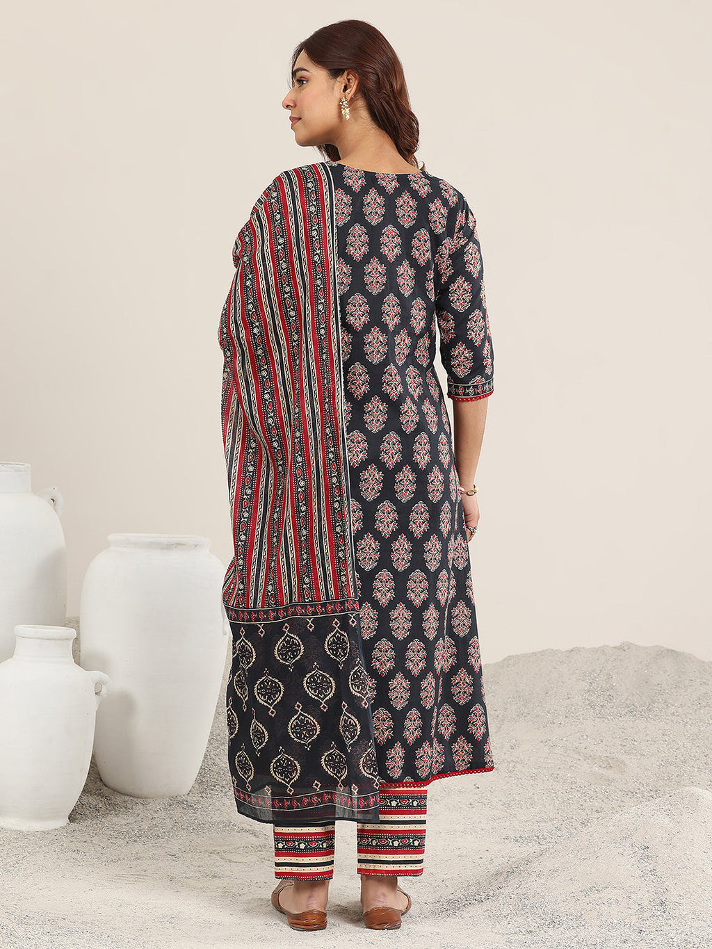 Navy Blue Printed Cotton A-Line Suit With Dupatta