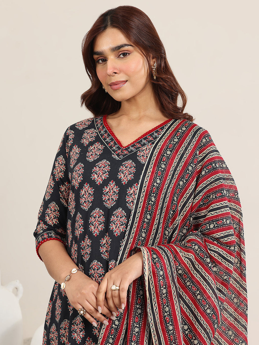 Navy Blue Printed Cotton A-Line Suit With Dupatta