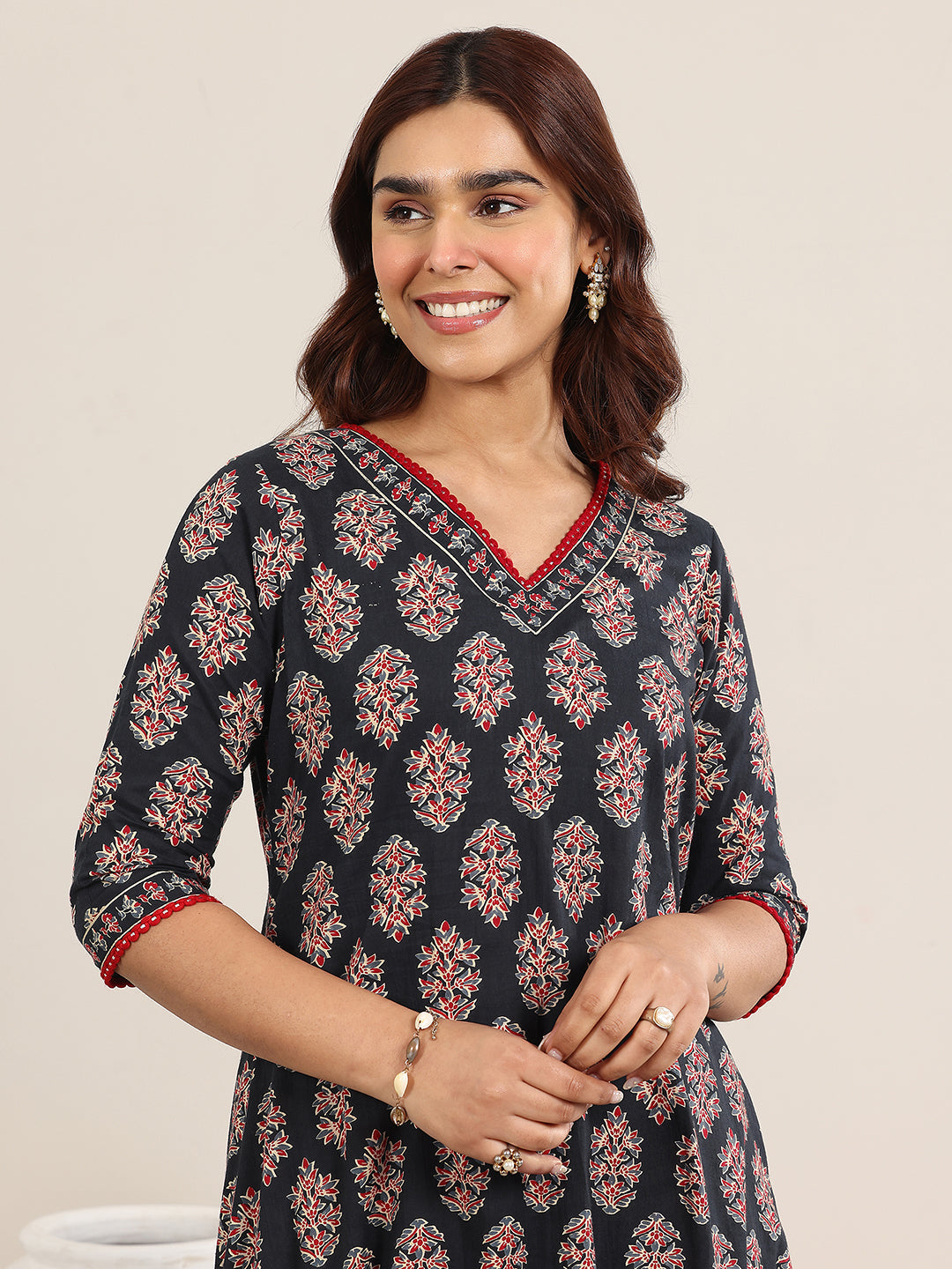 Navy Blue Printed Cotton A-Line Suit With Dupatta