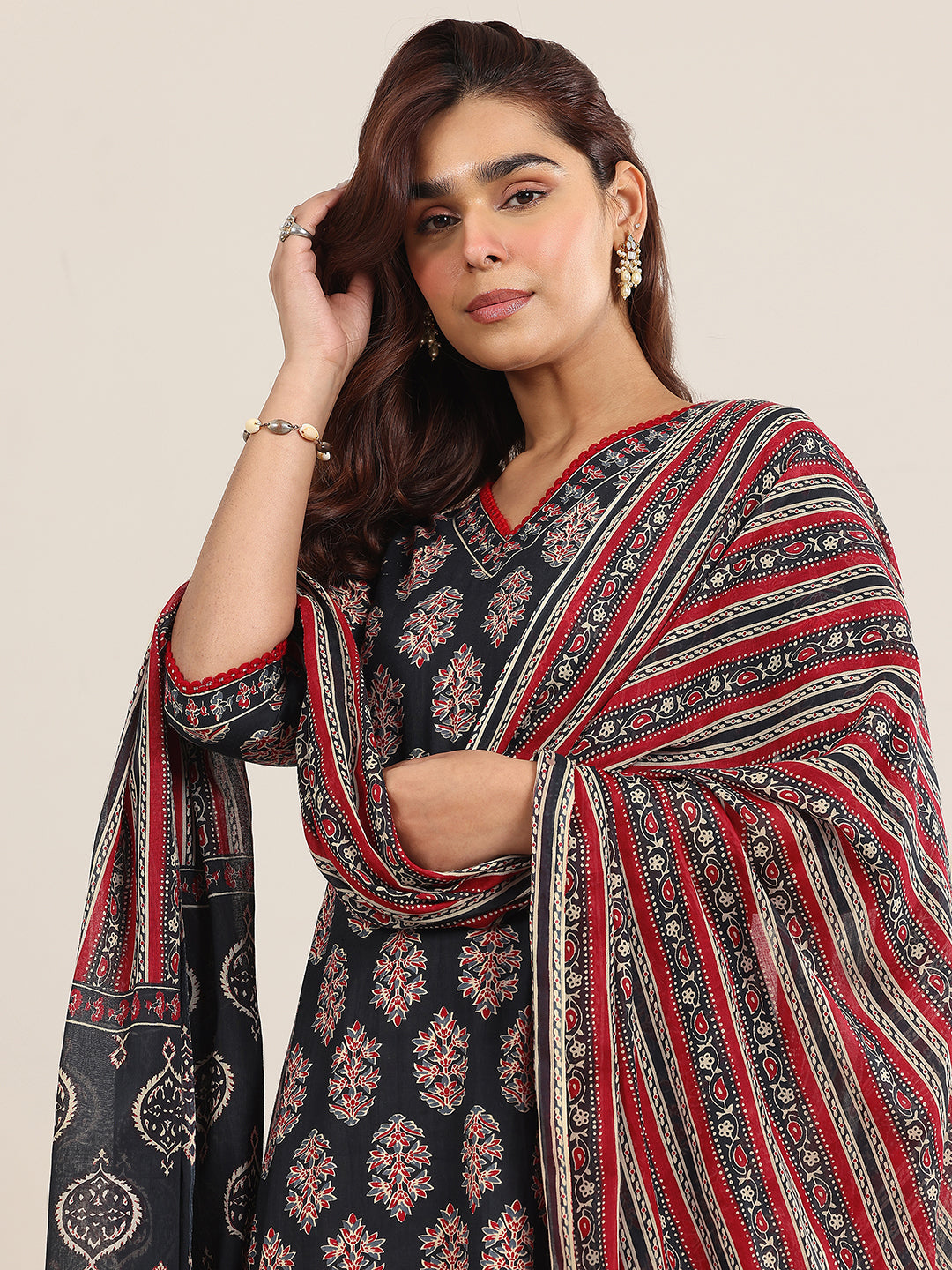 Navy Blue Printed Cotton A-Line Suit With Dupatta