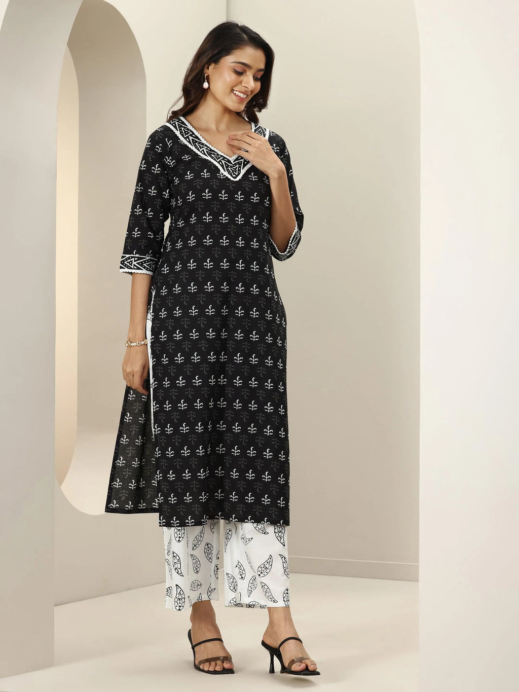 Black Printed Cotton Straight Suit Sets With Dupatta