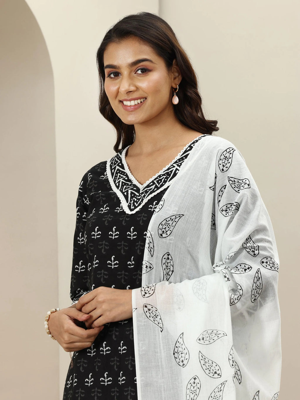 Black Printed Cotton Straight Suit Sets With Dupatta