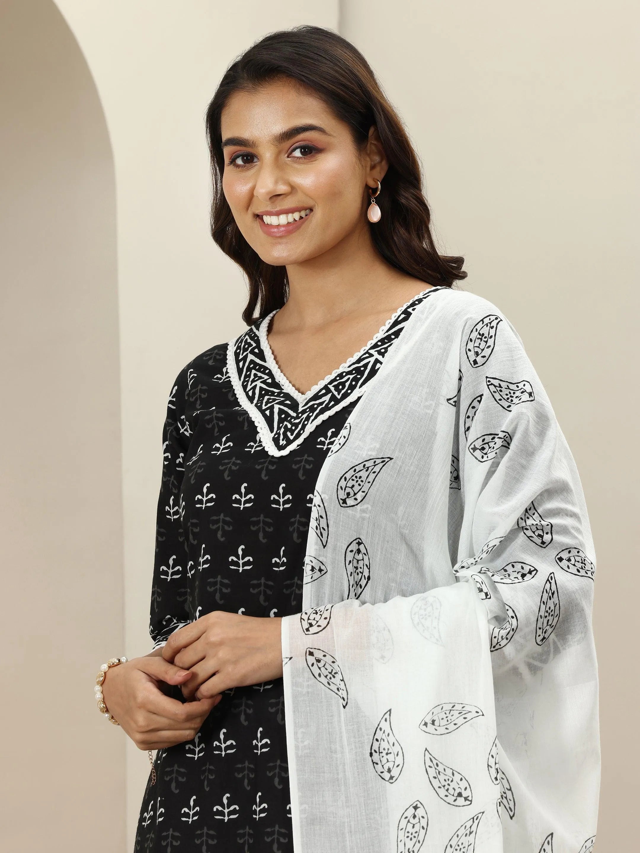 Black Printed Cotton Straight Suit Sets With Dupatta