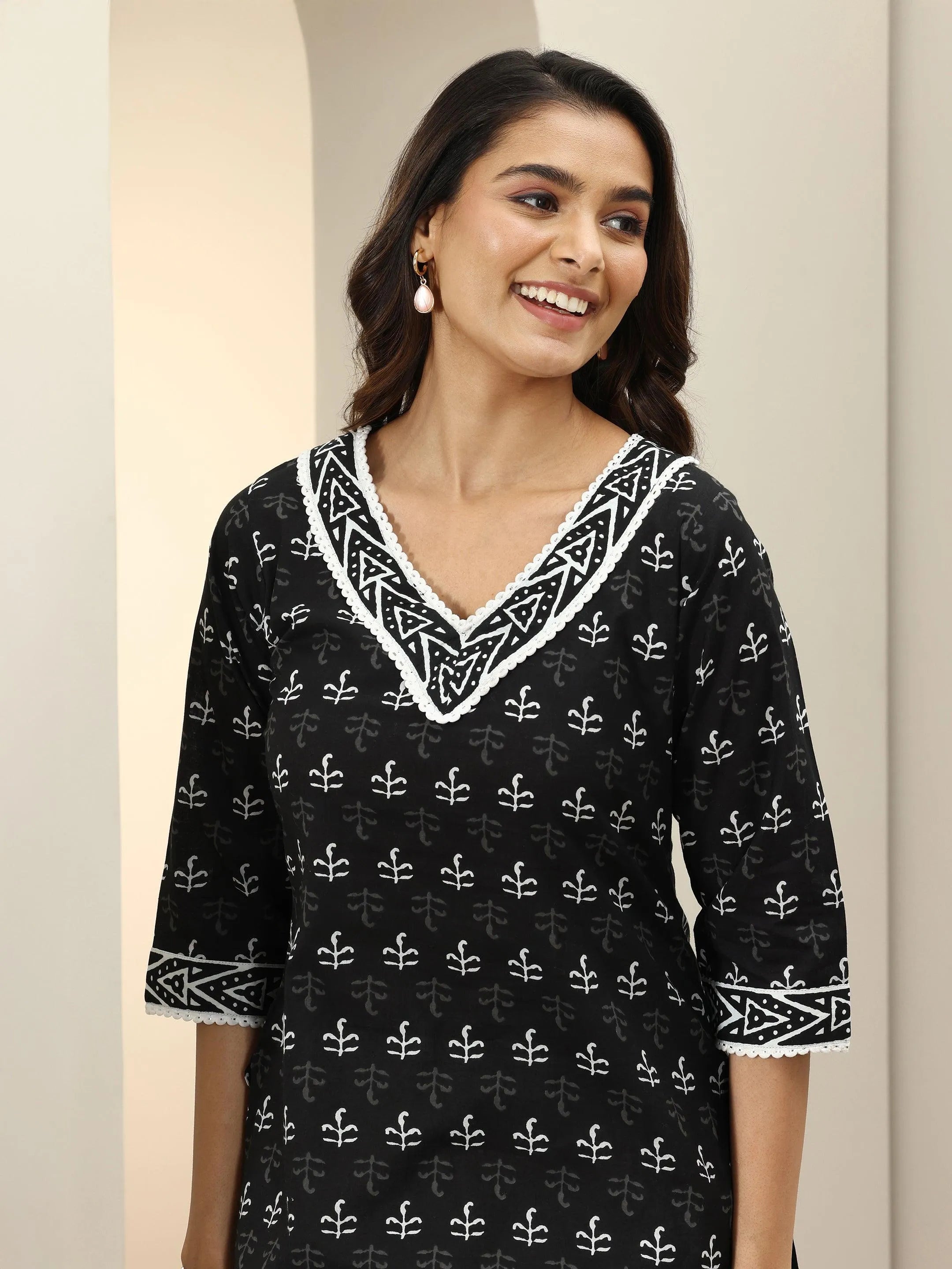 Black Printed Cotton Straight Suit Sets With Dupatta