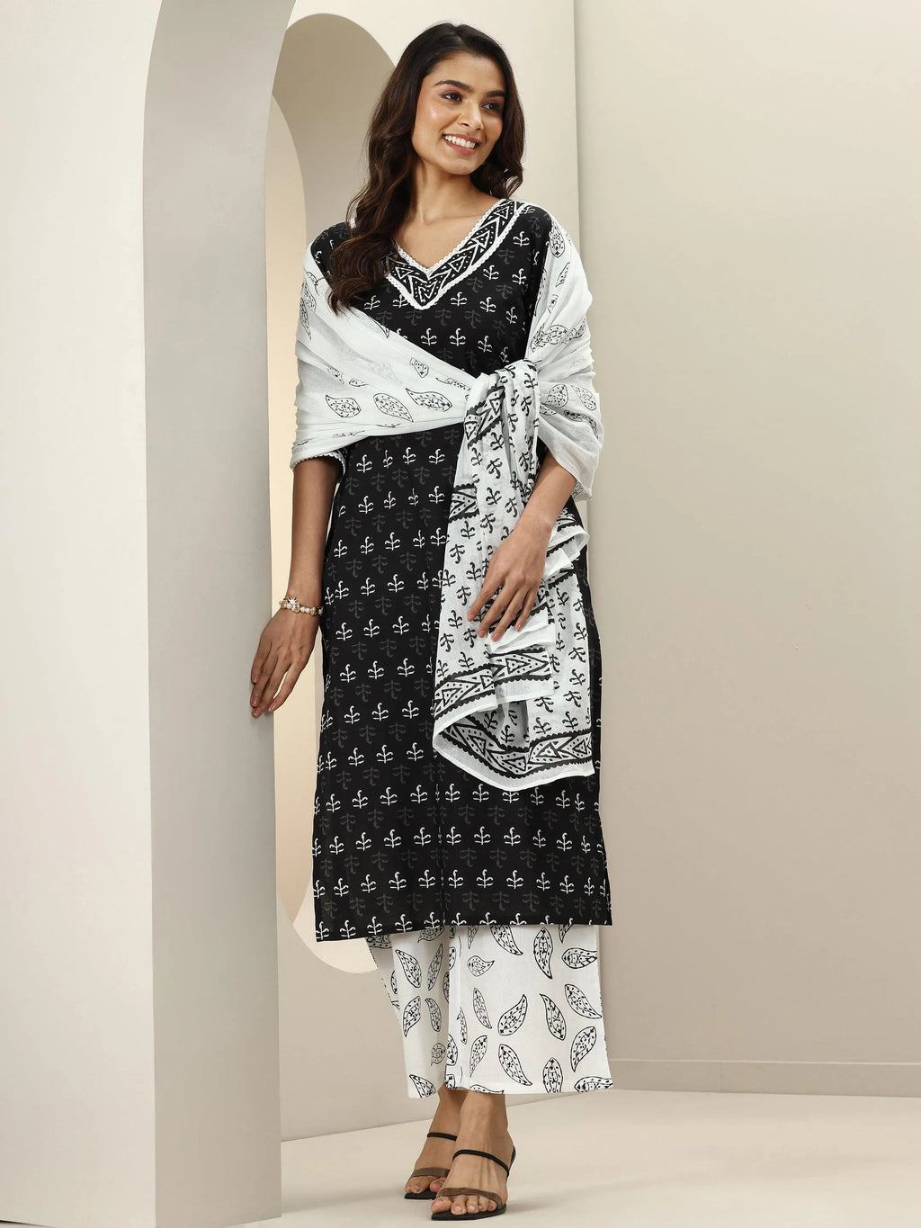 Black Printed Cotton Straight Suit Sets With Dupatta
