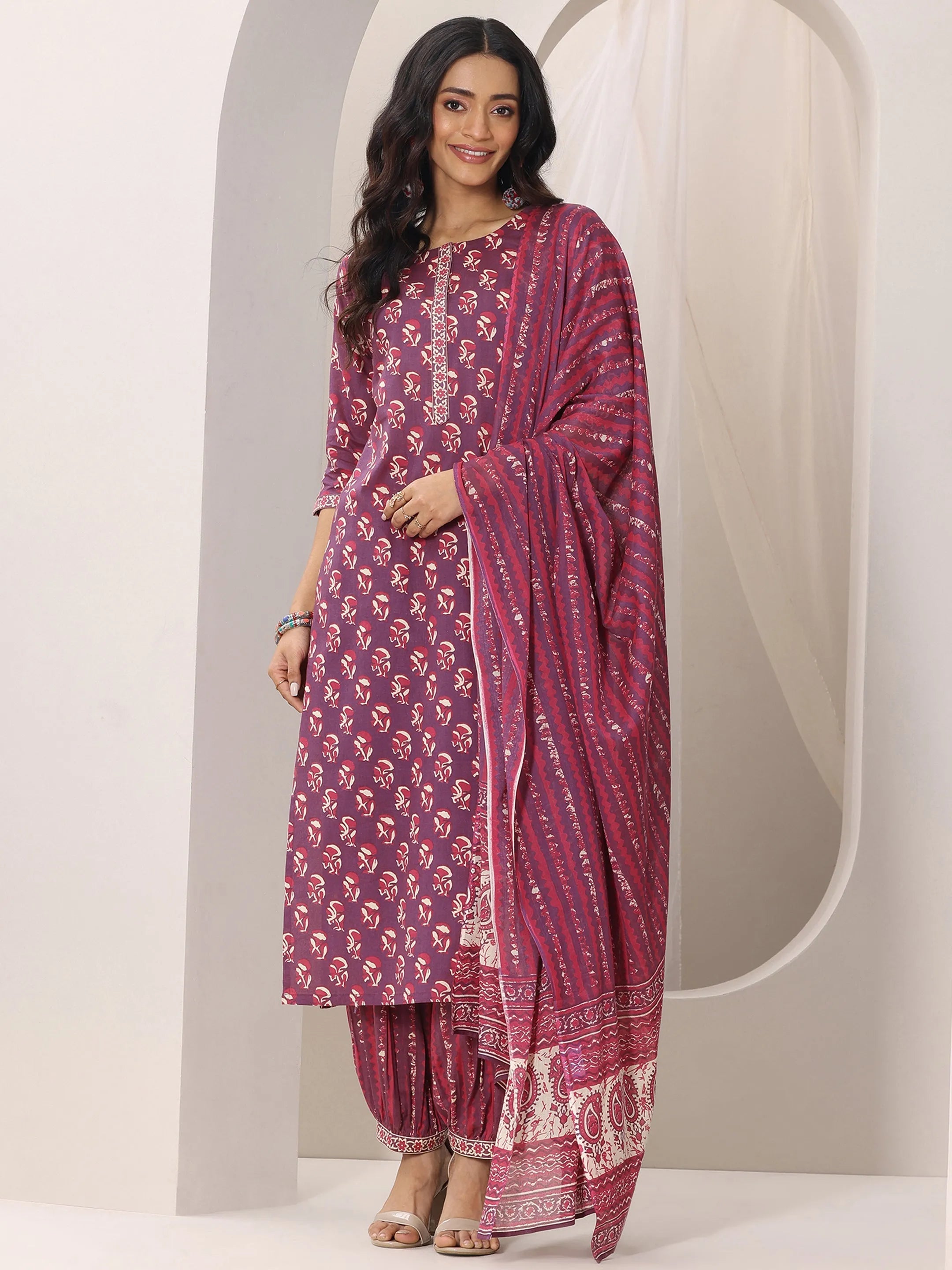 Mauve Printed Cotton Straight Suit Set With Dupatta
