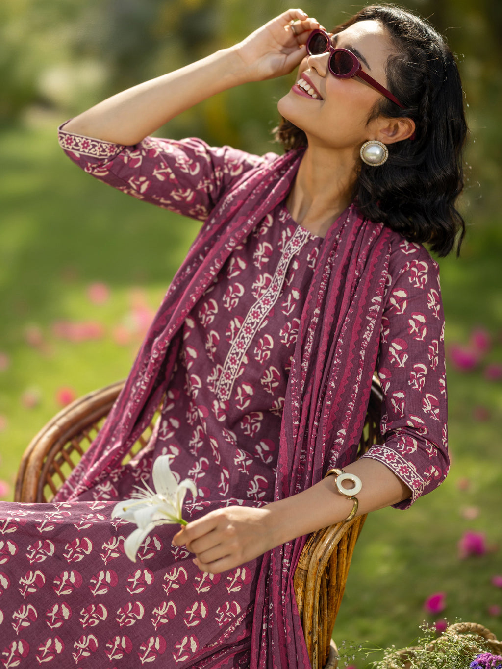 Mauve Printed Cotton Straight Suit Set With Dupatta