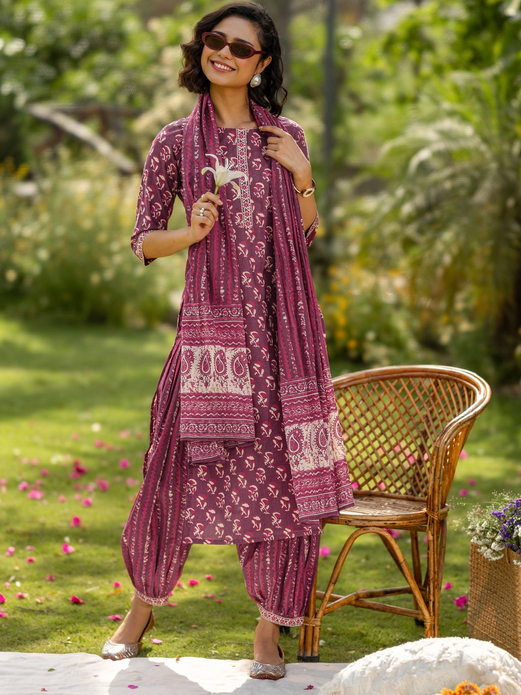 Mauve Printed Cotton Straight Suit Set With Dupatta