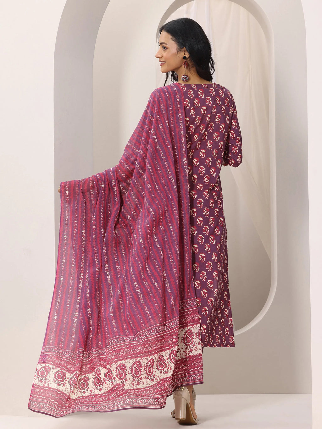 Mauve Printed Cotton Straight Suit Set With Dupatta