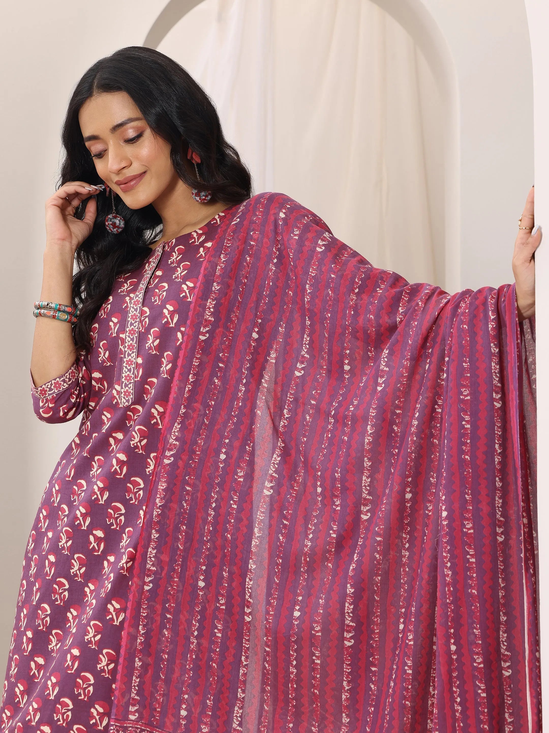 Mauve Printed Cotton Straight Suit Set With Dupatta