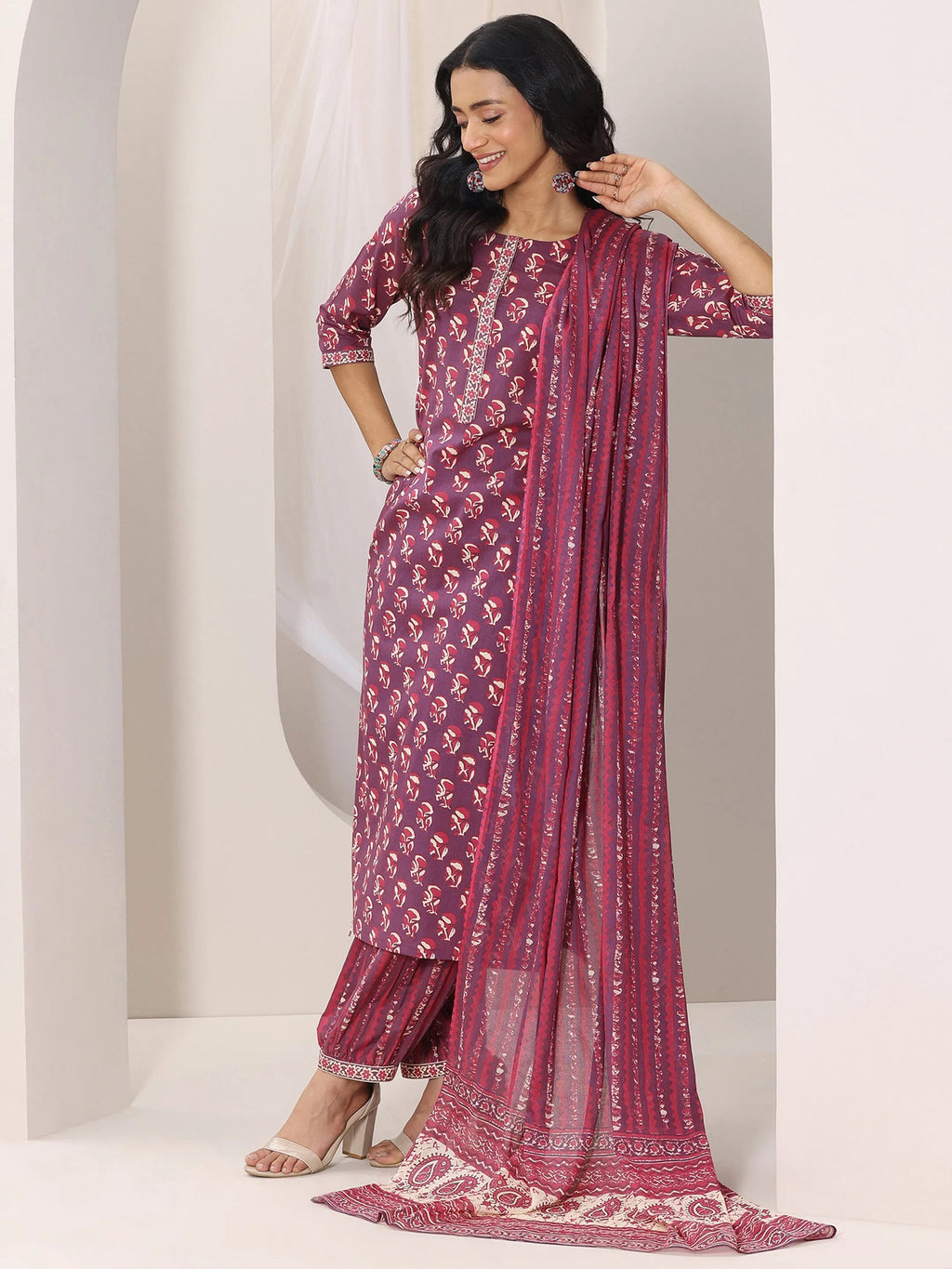 Mauve Printed Cotton Straight Suit Set With Dupatta