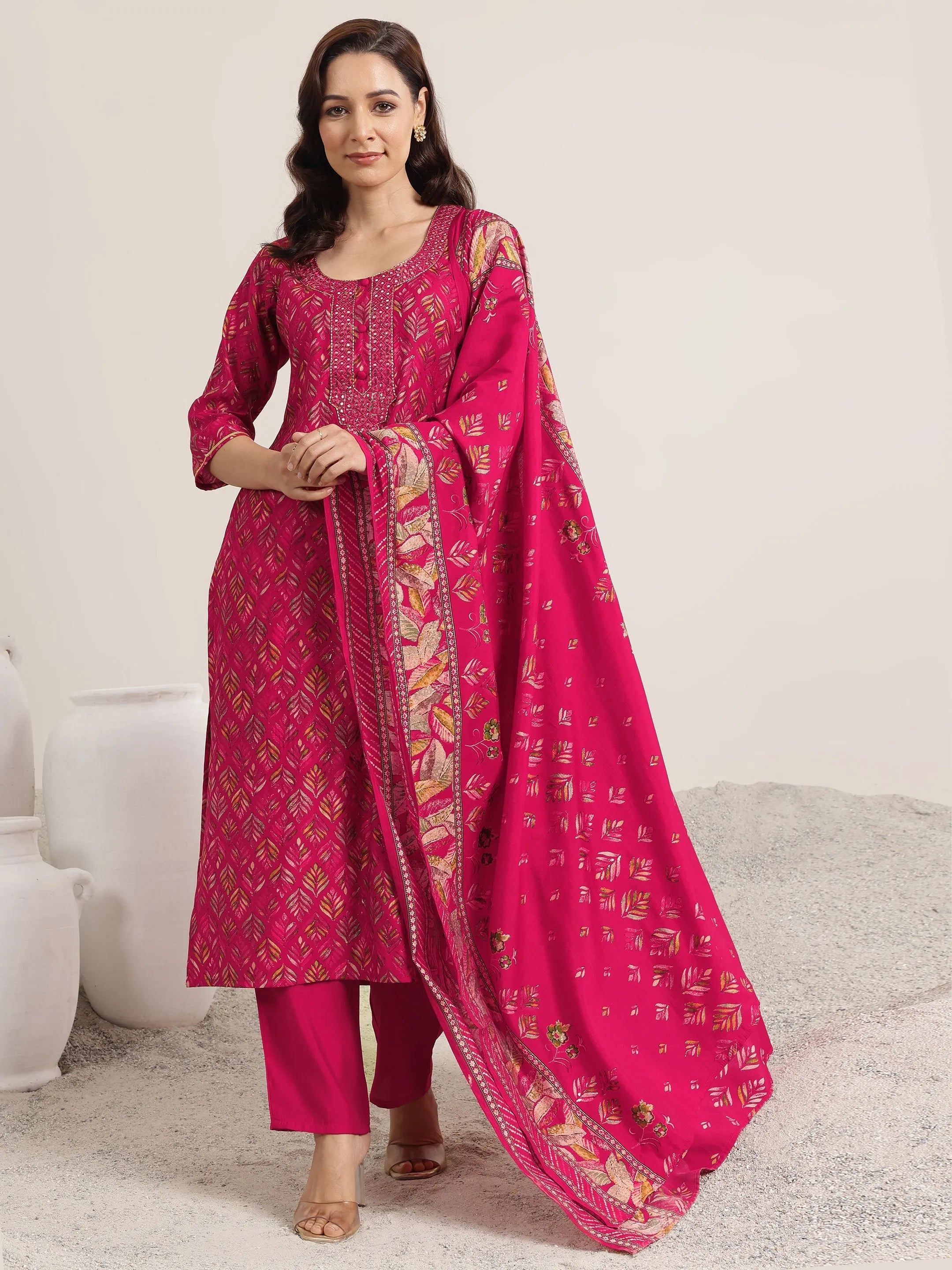 Pink Printed Silk Blend Straight Suit Set With Dupatta