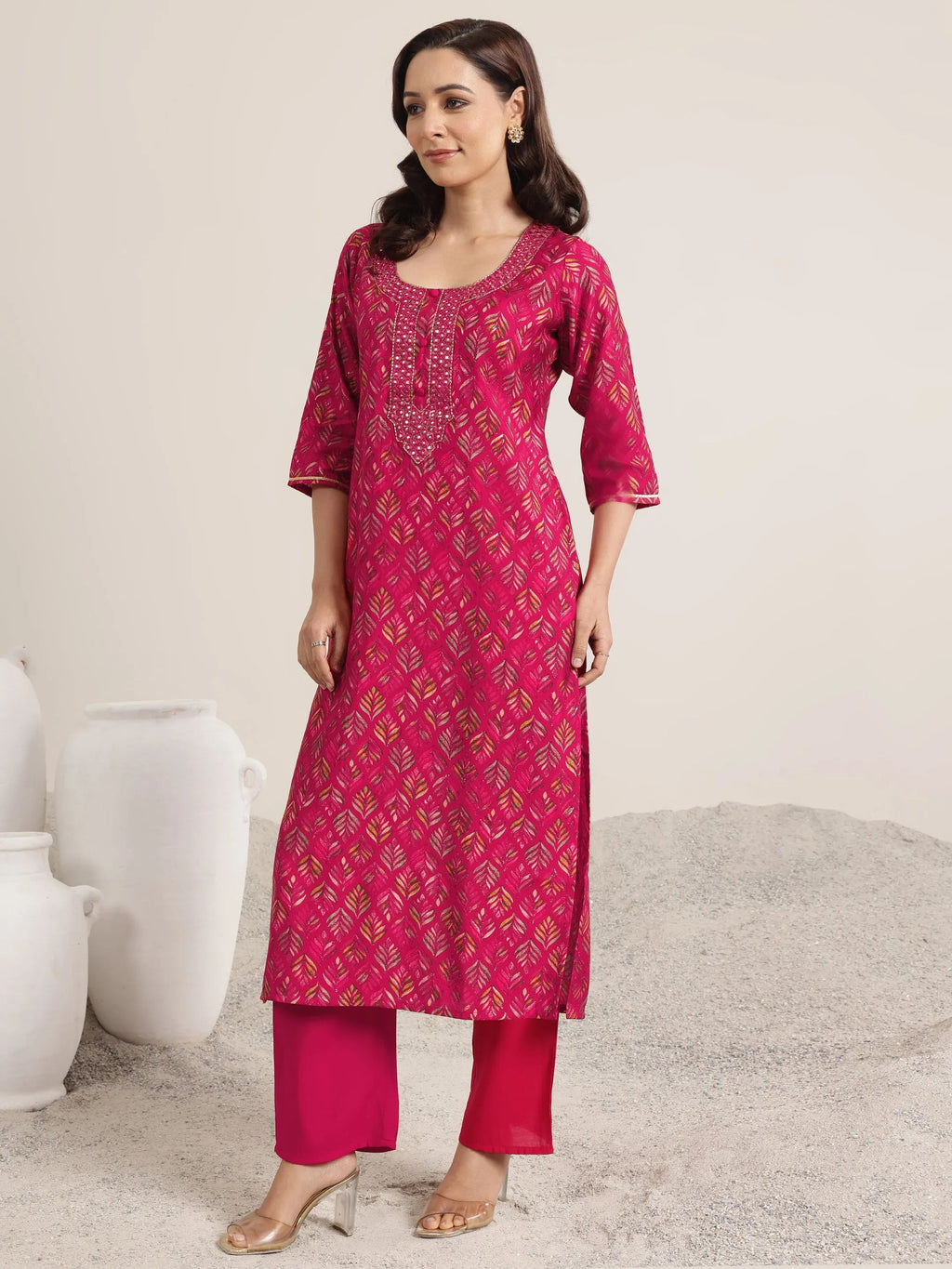 Pink Printed Silk Blend Straight Suit Set With Dupatta