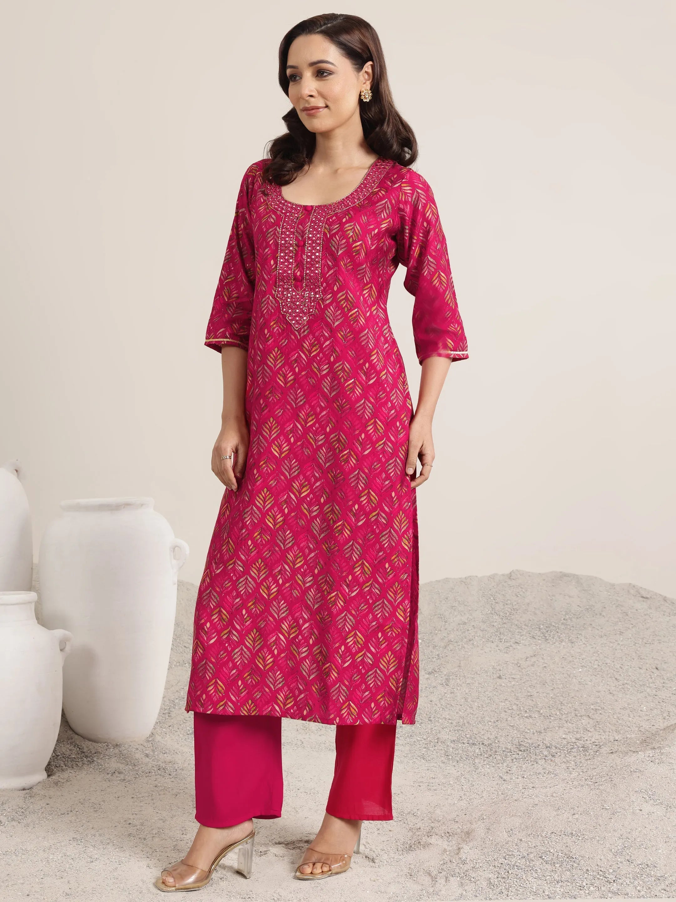 Pink Printed Silk Blend Straight Suit Set With Dupatta