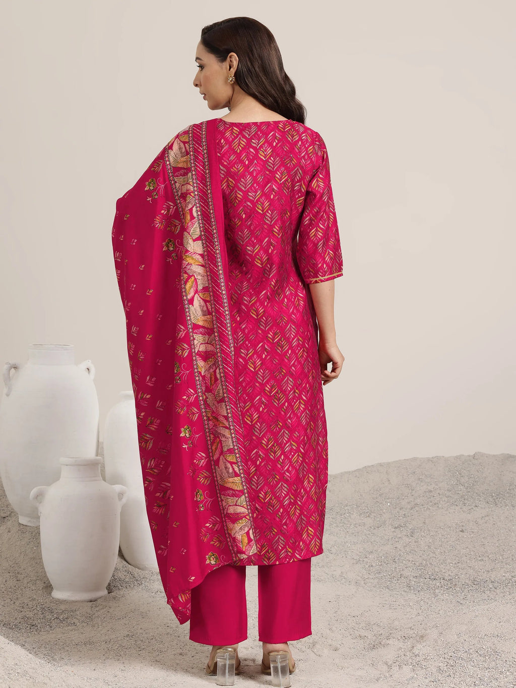 Pink Printed Silk Blend Straight Suit Set With Dupatta