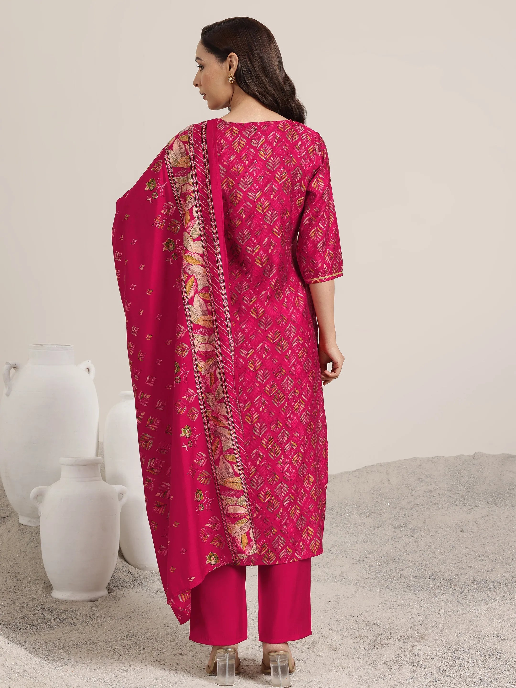 Pink Printed Silk Blend Straight Suit Set With Dupatta
