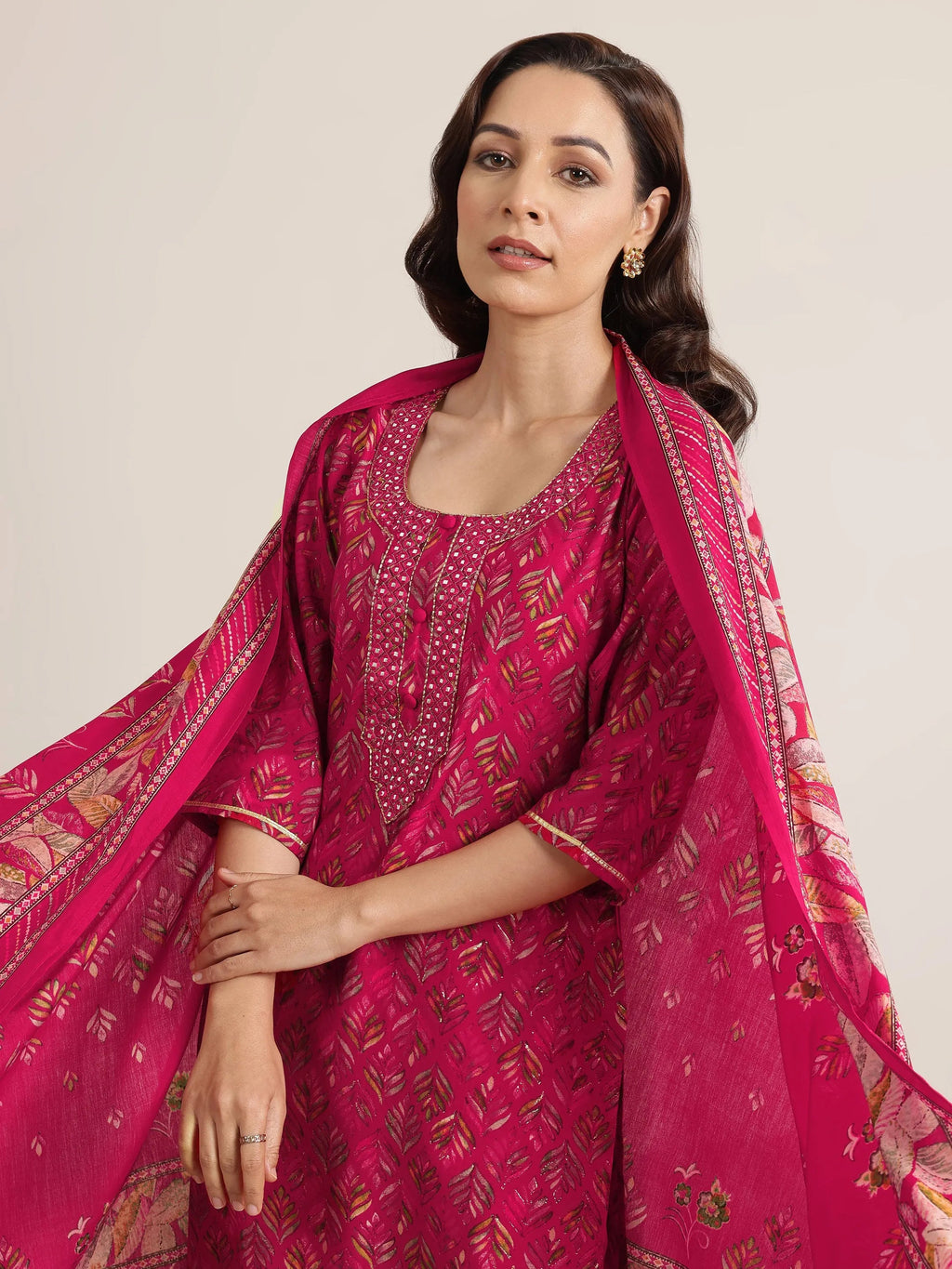 Pink Printed Silk Blend Straight Suit Set With Dupatta