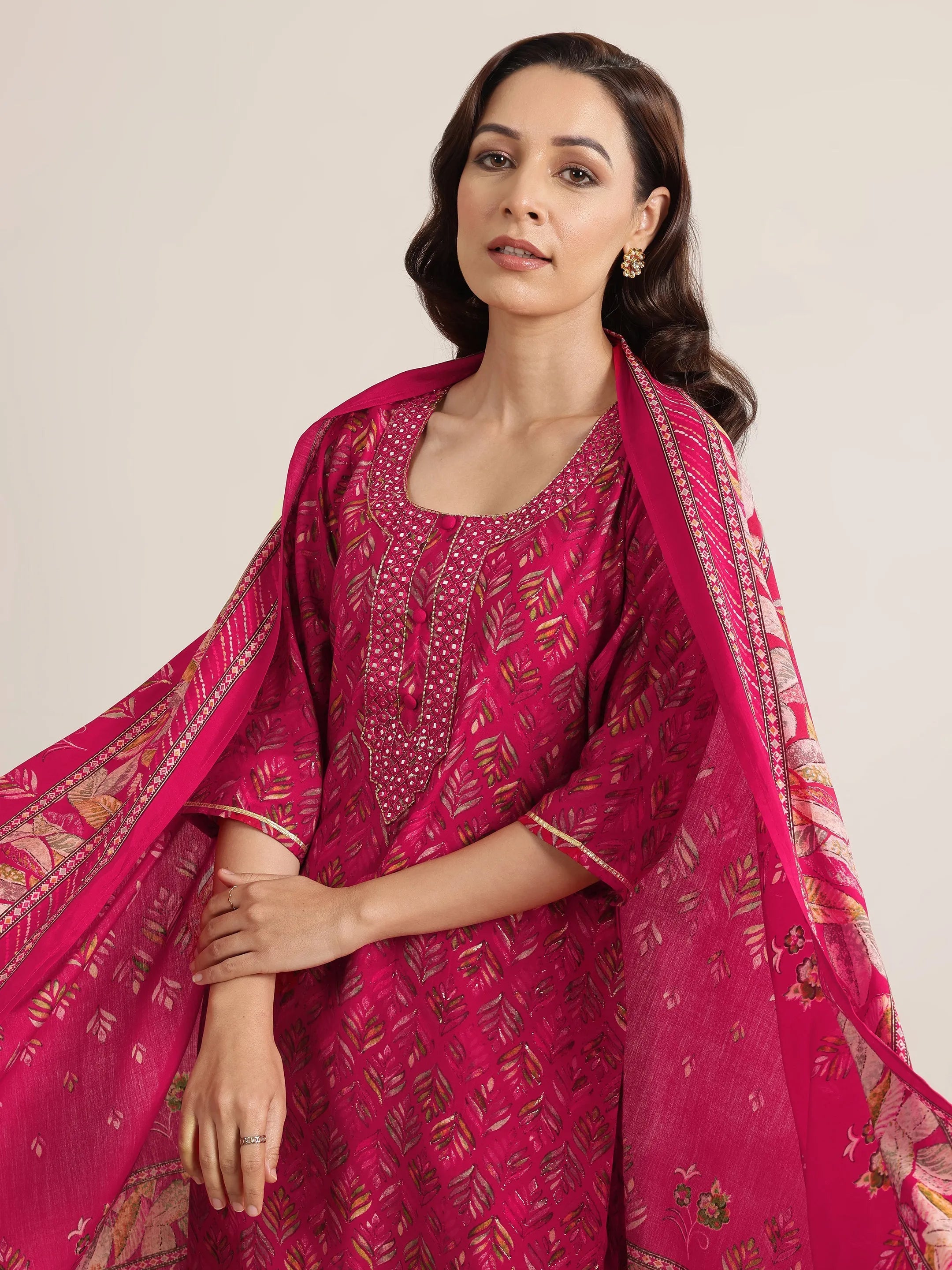 Pink Printed Silk Blend Straight Suit Set With Dupatta