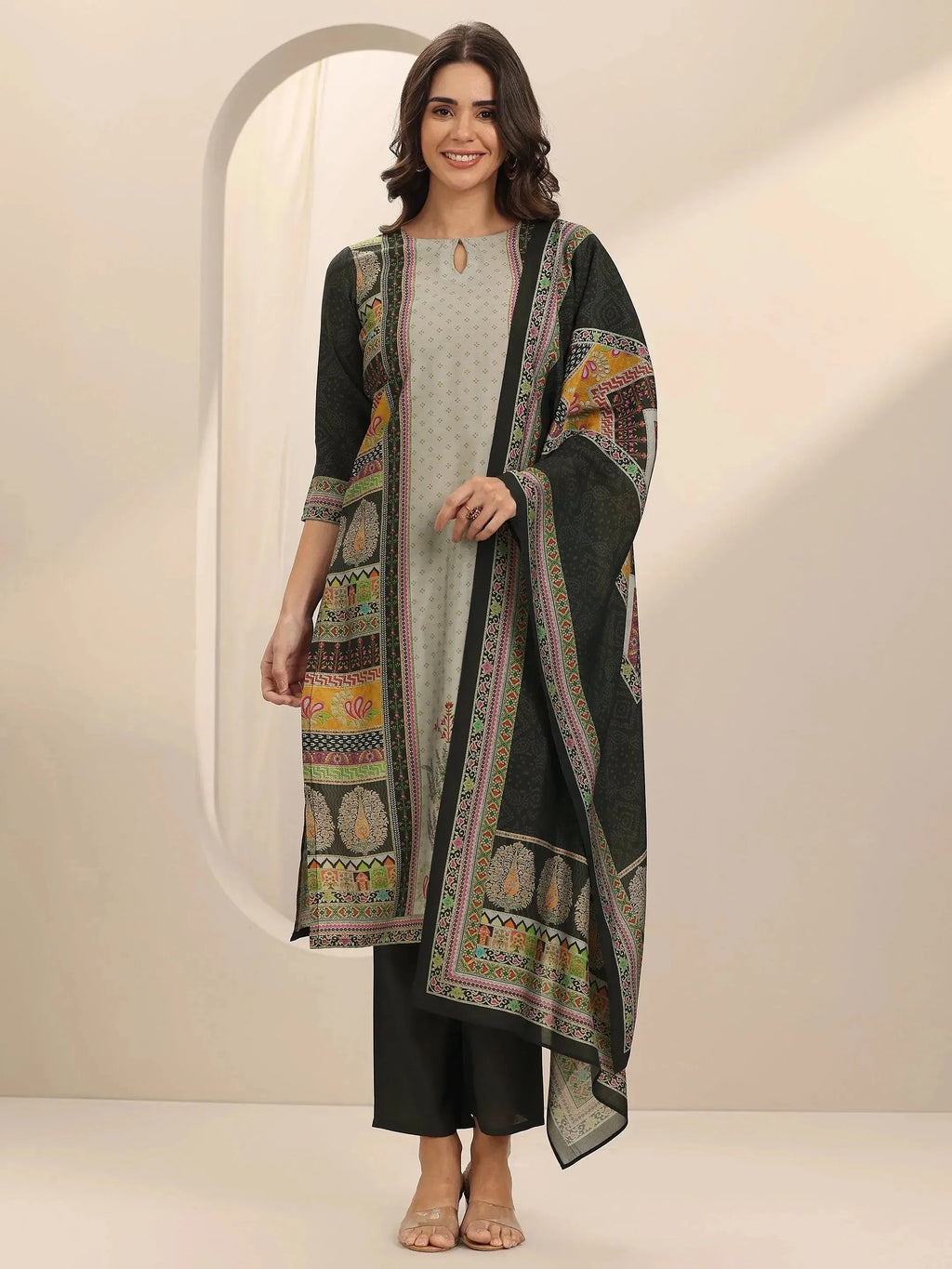Grey Printed Silk Blend Straight Suit Set With Dupatta