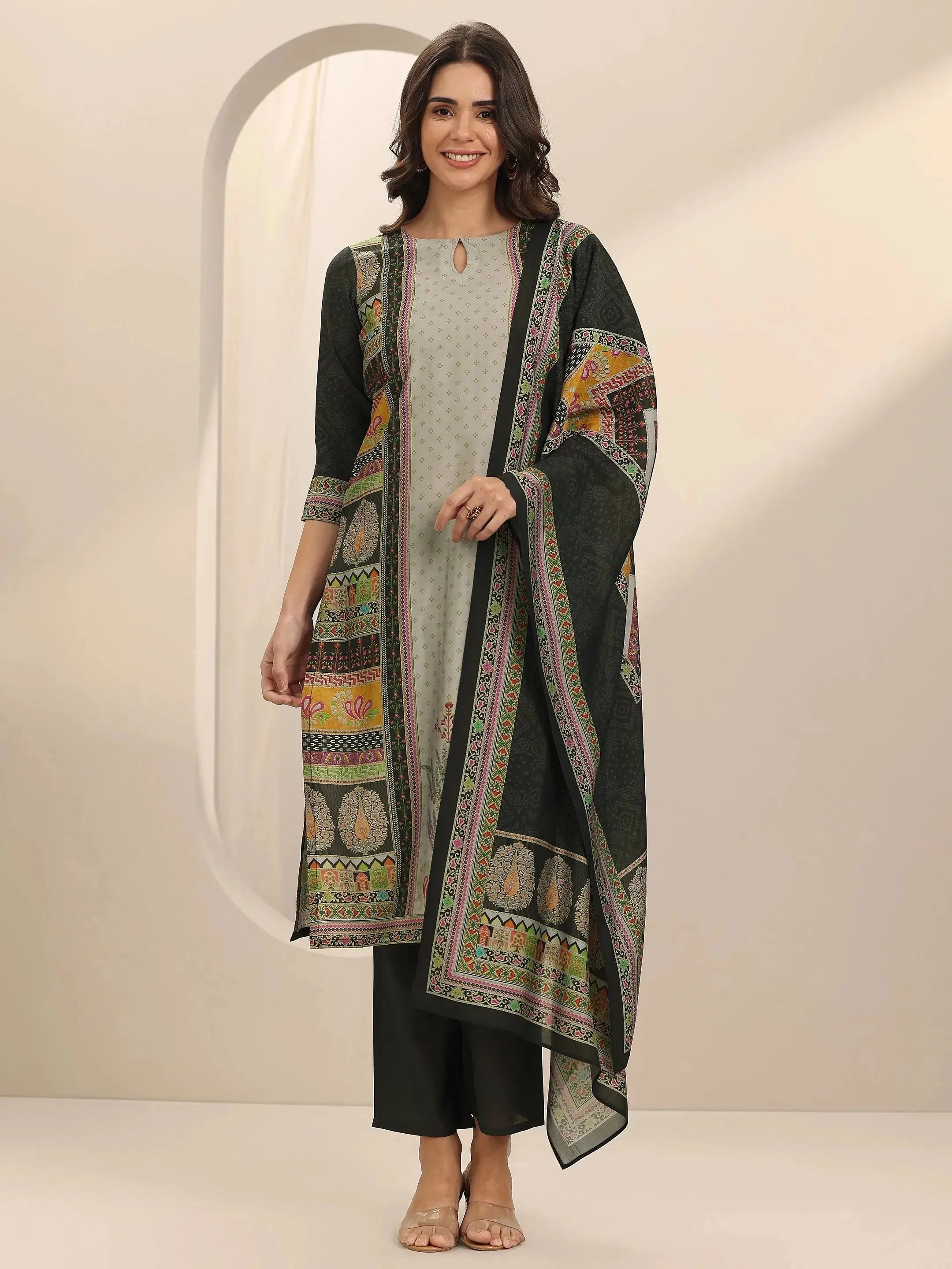 Grey Printed Silk Blend Straight Suit Set With Dupatta