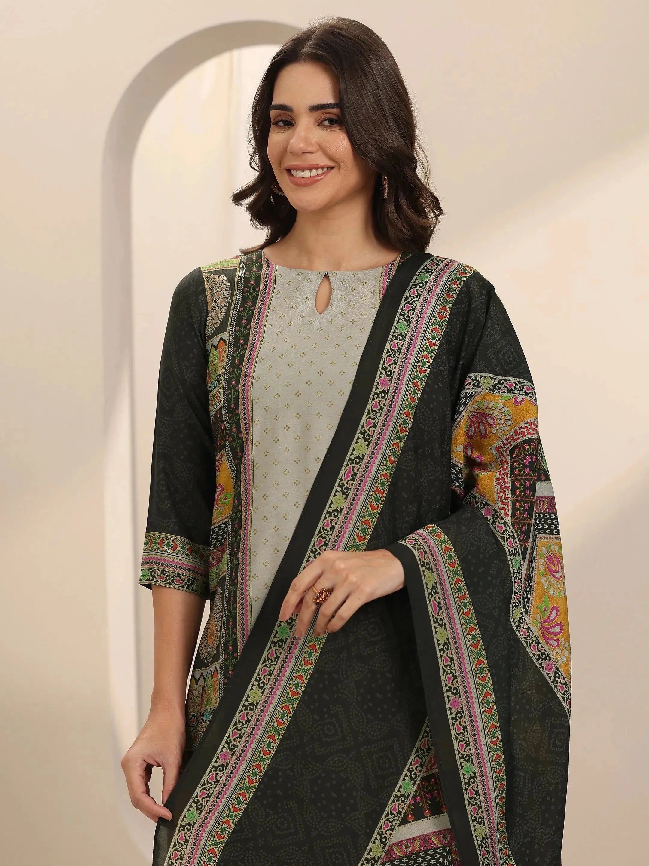 Grey Printed Silk Blend Straight Suit Set With Dupatta