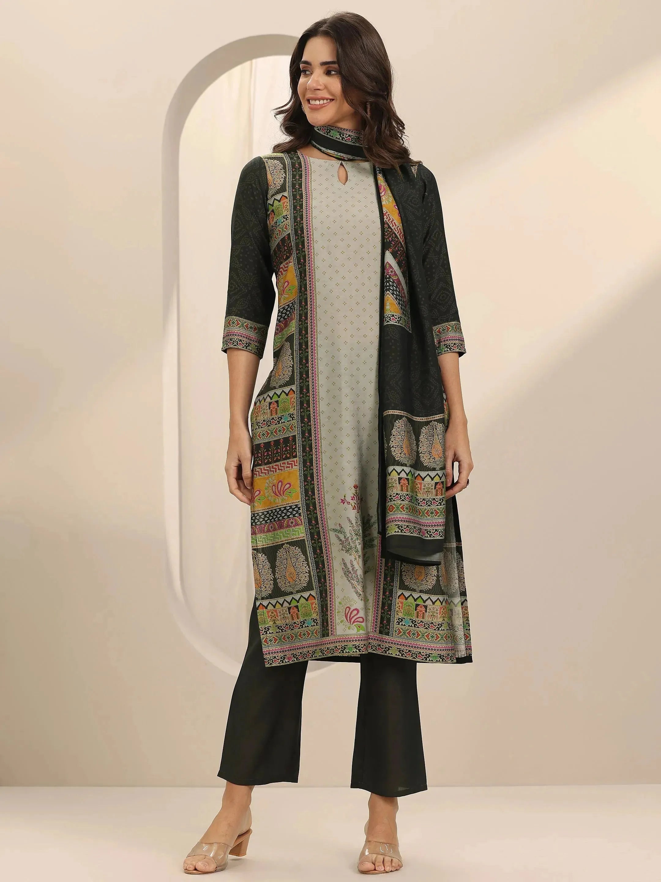 Grey Printed Silk Blend Straight Suit Set With Dupatta