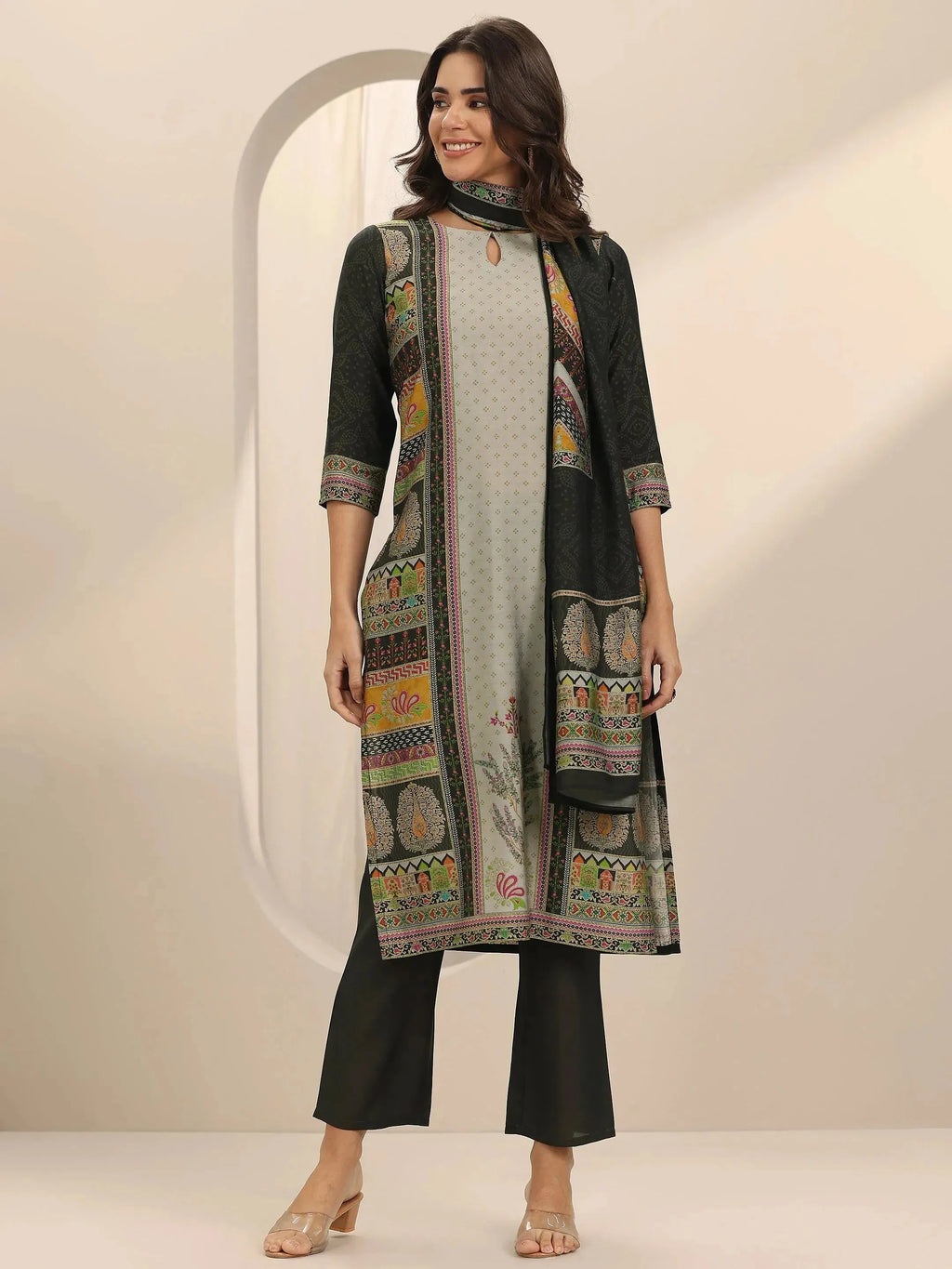 Grey Printed Silk Blend Straight Suit Set With Dupatta