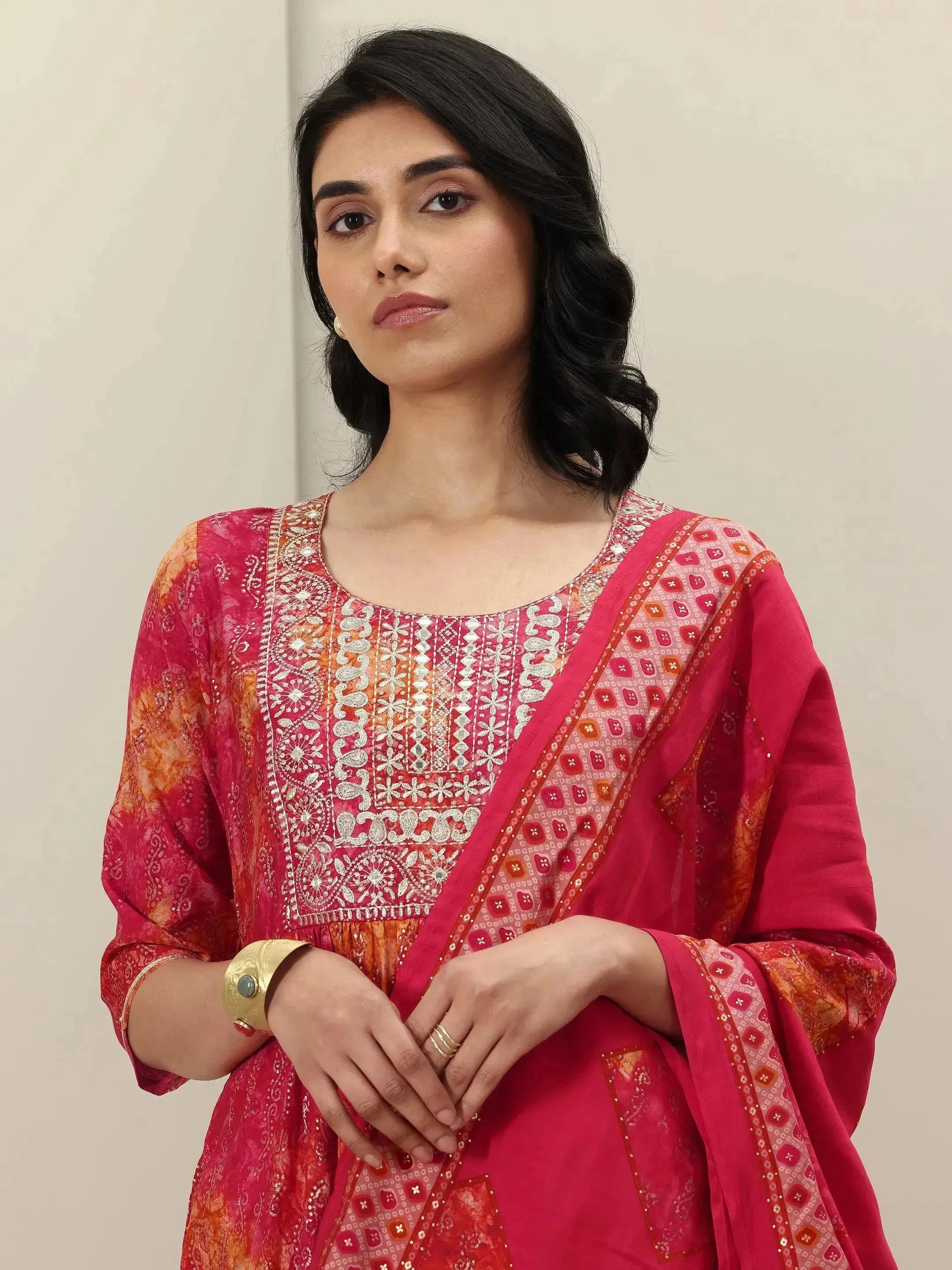 Orange Printed Silk Blend Anarkali Suit Sets With Dupatta