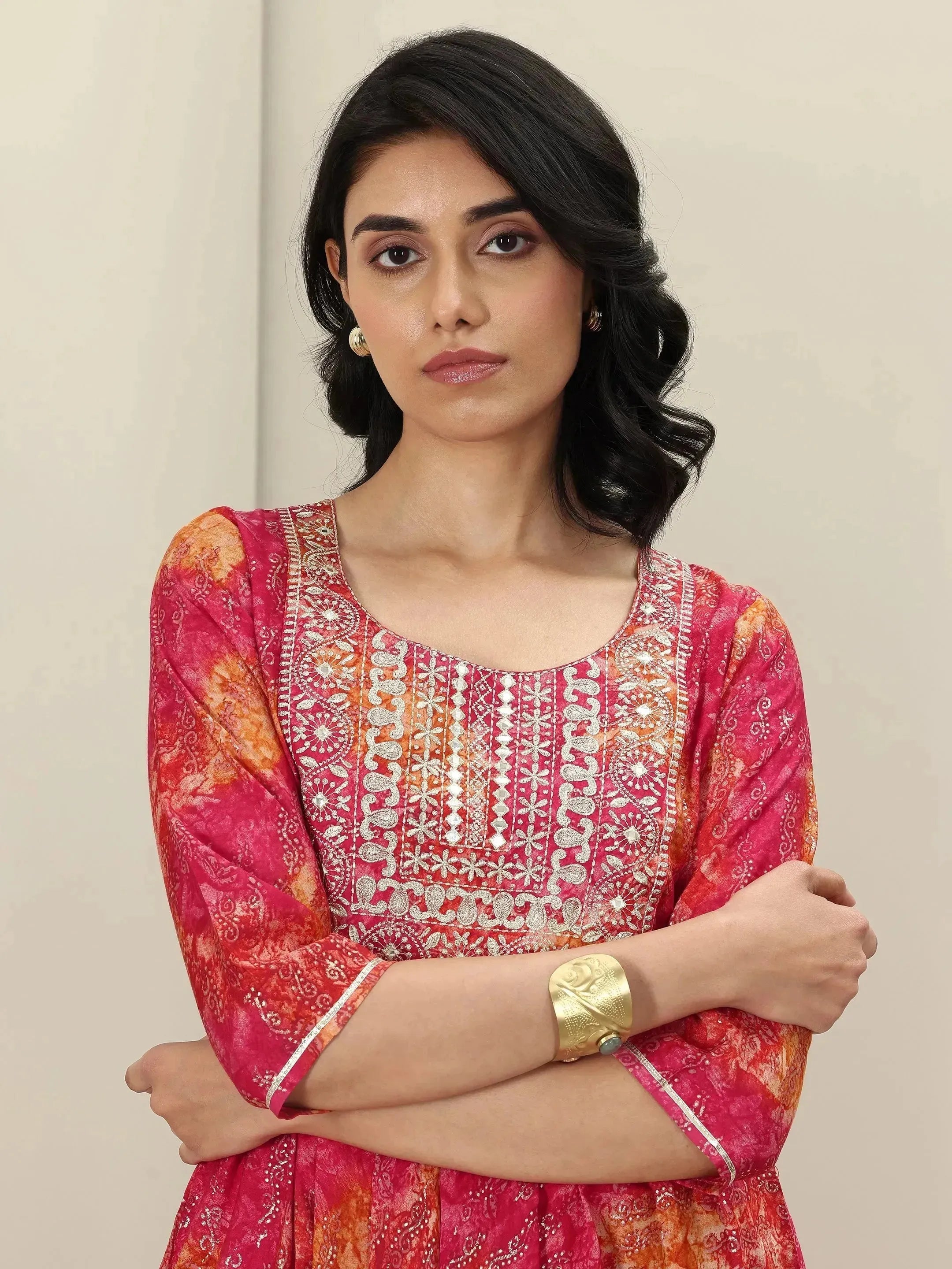 Orange Printed Silk Blend Anarkali Suit Sets With Dupatta