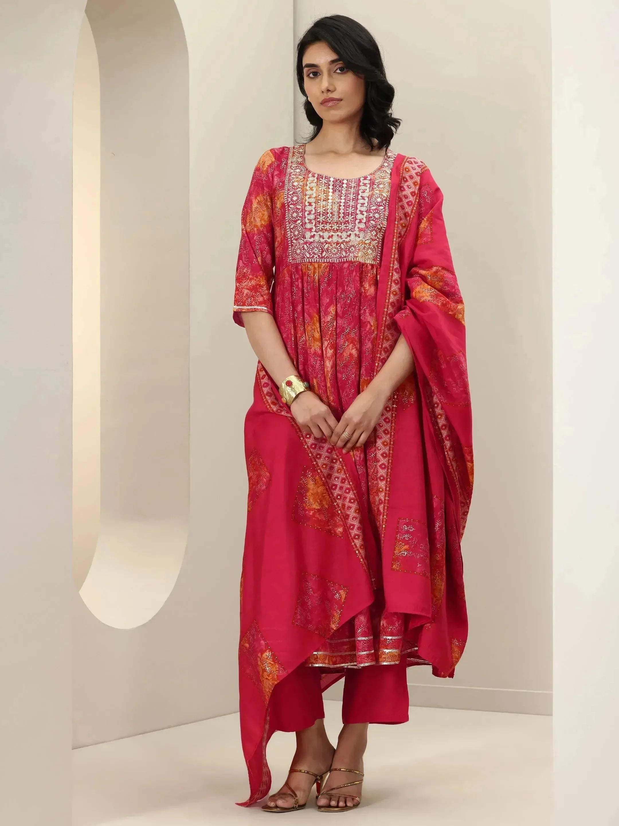 Orange Printed Silk Blend Anarkali Suit Sets With Dupatta