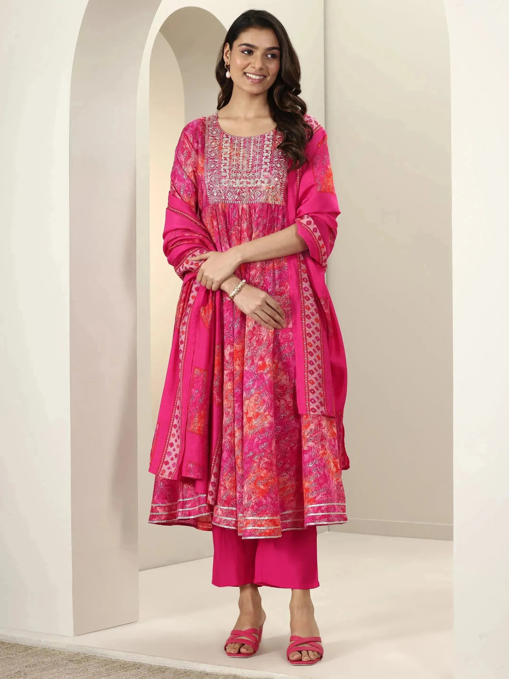 Pink Printed Silk Blend Anarkali Suit Sets With Dupatta